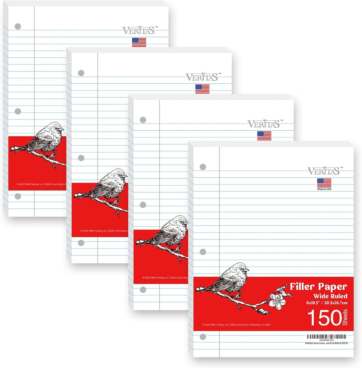 Notebook Paper Wide Ruled Loose Leaf Paper, Standard 8"x10-1/2" Bulk Lined Paper, 3 Hole Punched Filler Paper For 3 Ring Binder,150 Sheets/Pack, 4 Pack, White, MADE IN USA