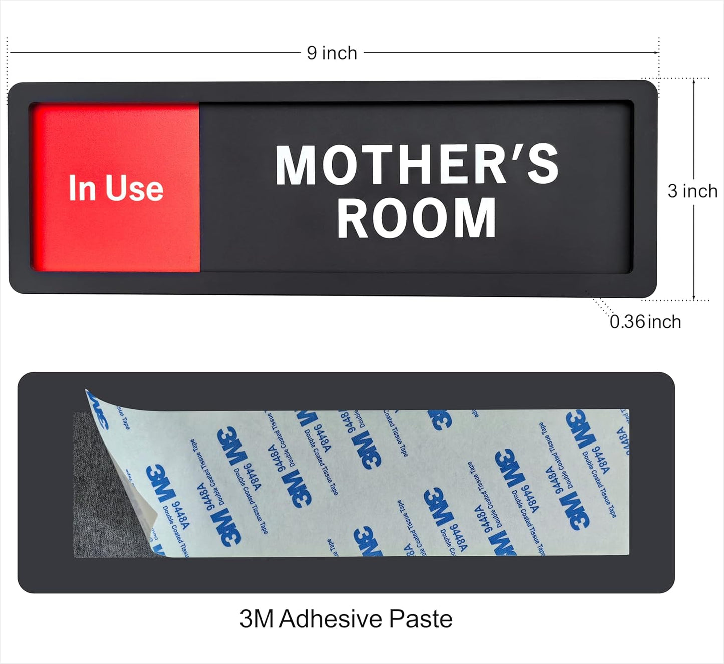 Mother's Room Sign – Privacy In Use / Available Slide Switch Sign, Premium Durable Acrylic Material, Super Strong Self-Adhesive, Quick Installation, Suitable For Your Home And Business ( 9×3 Inches, Black) (Mother's Room)