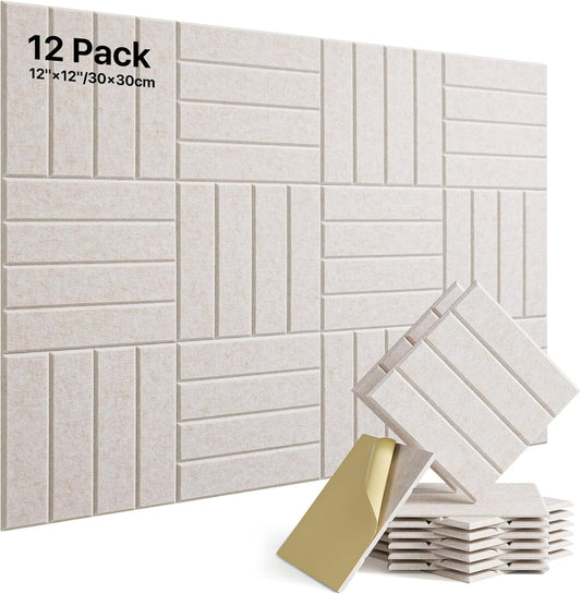 12 Pack Sound Proof Foam Panels for Walls, Self-Adhesive Acoustic Panels Sound Absorbing, 12" X 12" X 0.4" High Density Soundproof Wall Panels Tiles for Door, Ceiling, Home Office, Beige