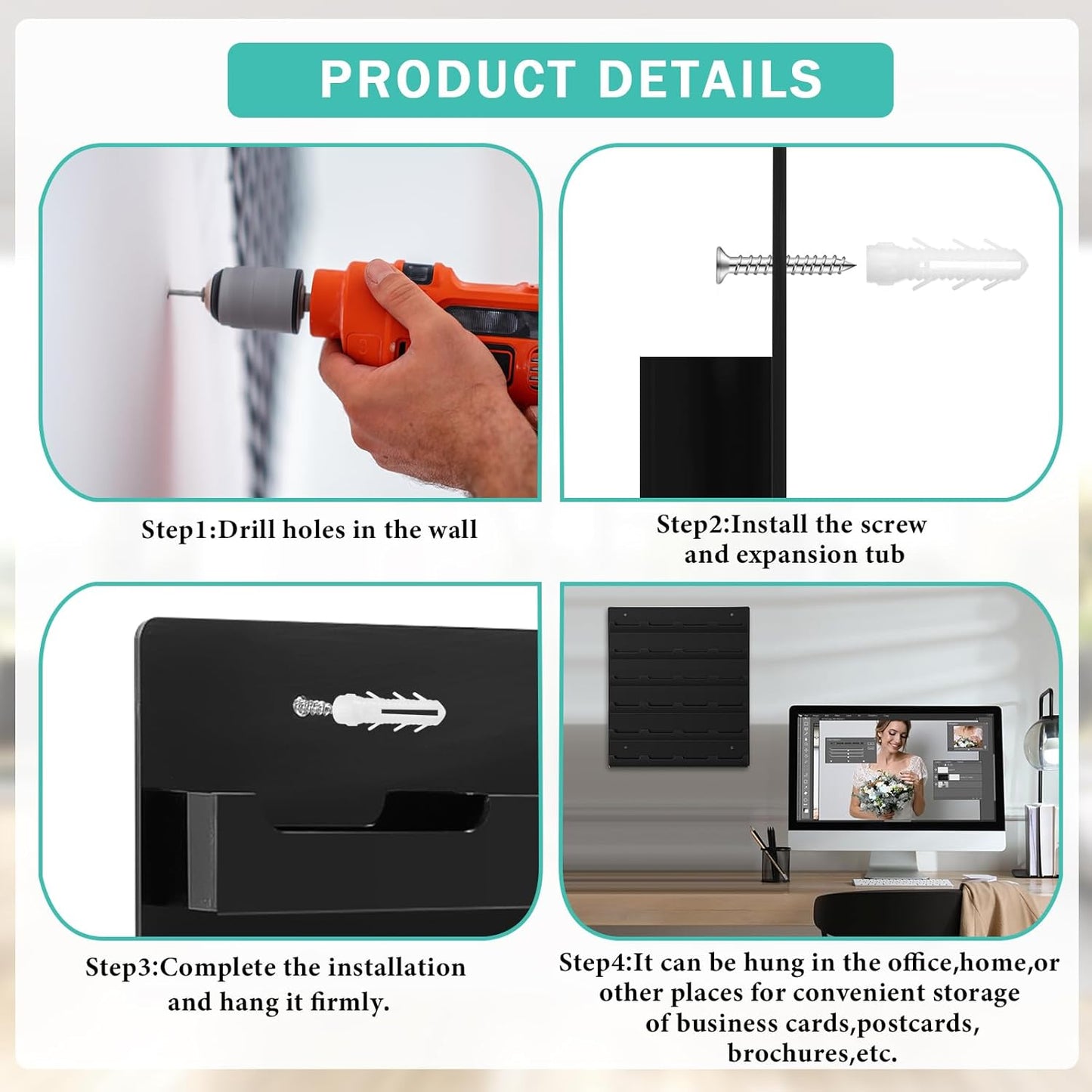 Suzile 2 Pcs 48 Business Card Holder Wall Mount 24 pockets each Business Card Display Wall with Hanging Hardware Acrylic Business Multiple Sticker Display for Office Home, 17.7'' x 15.7'', Black