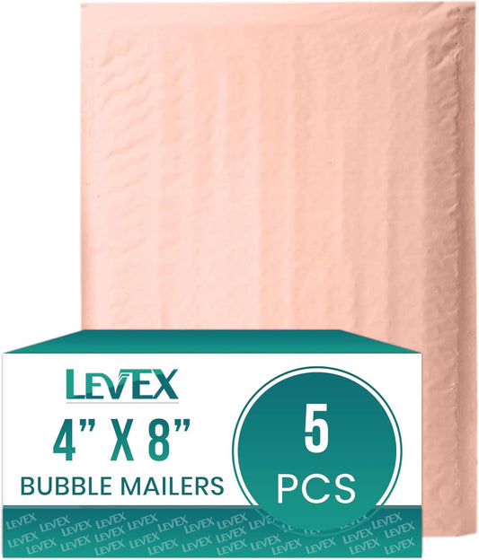Levex - #000 4" x 8" [5 Pack] Light Pink Poly Bubble Mailers, Padded Envelope Mailers, Packing Envelope & Mailing Bags for Shipping