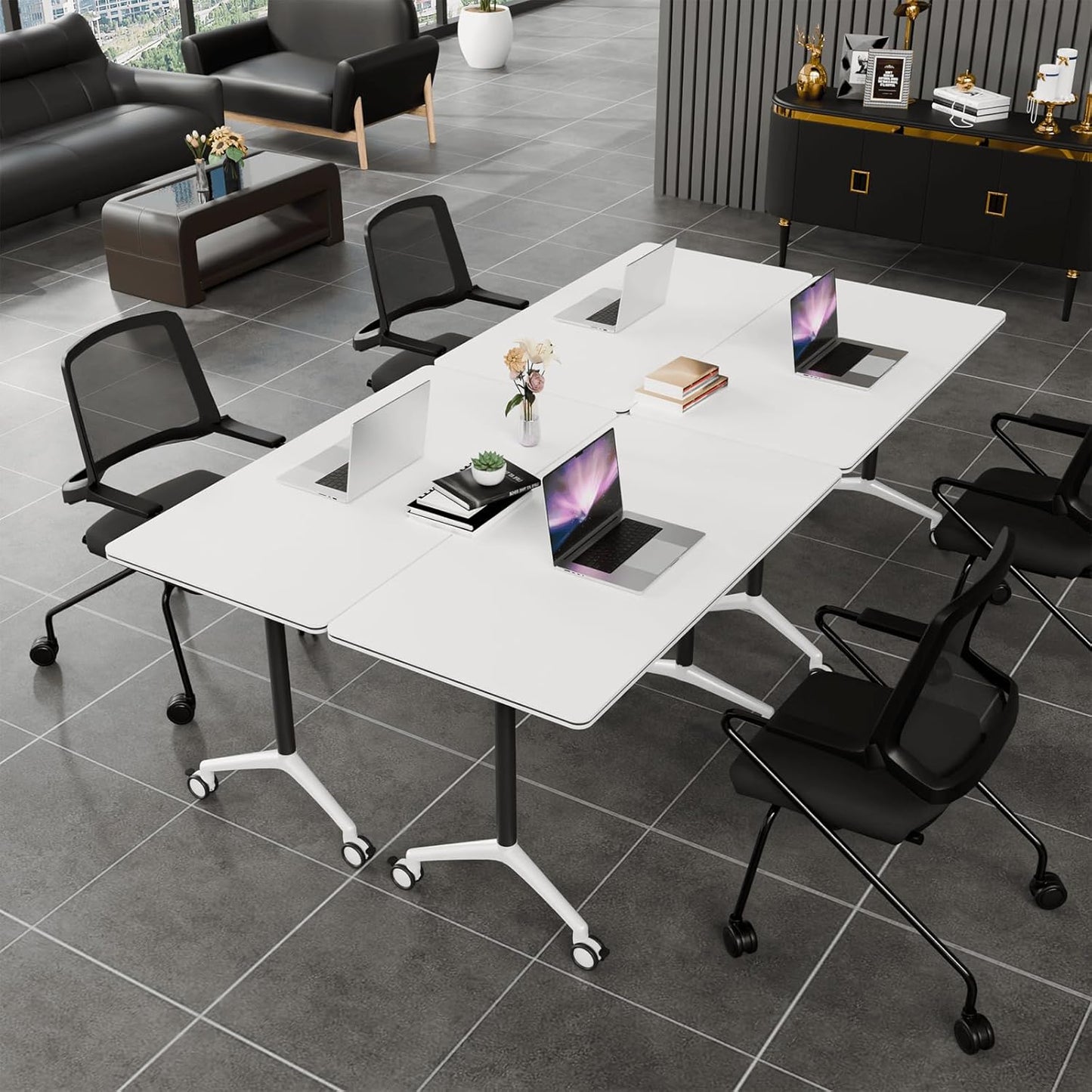 Folding Conference Table, Modern Conference Room Tables with Flip-Top Design, Foldable Conference Table Meeting Table with Wheels, Mobile Seminar Training Tables for Office Classroom (8, White 2)