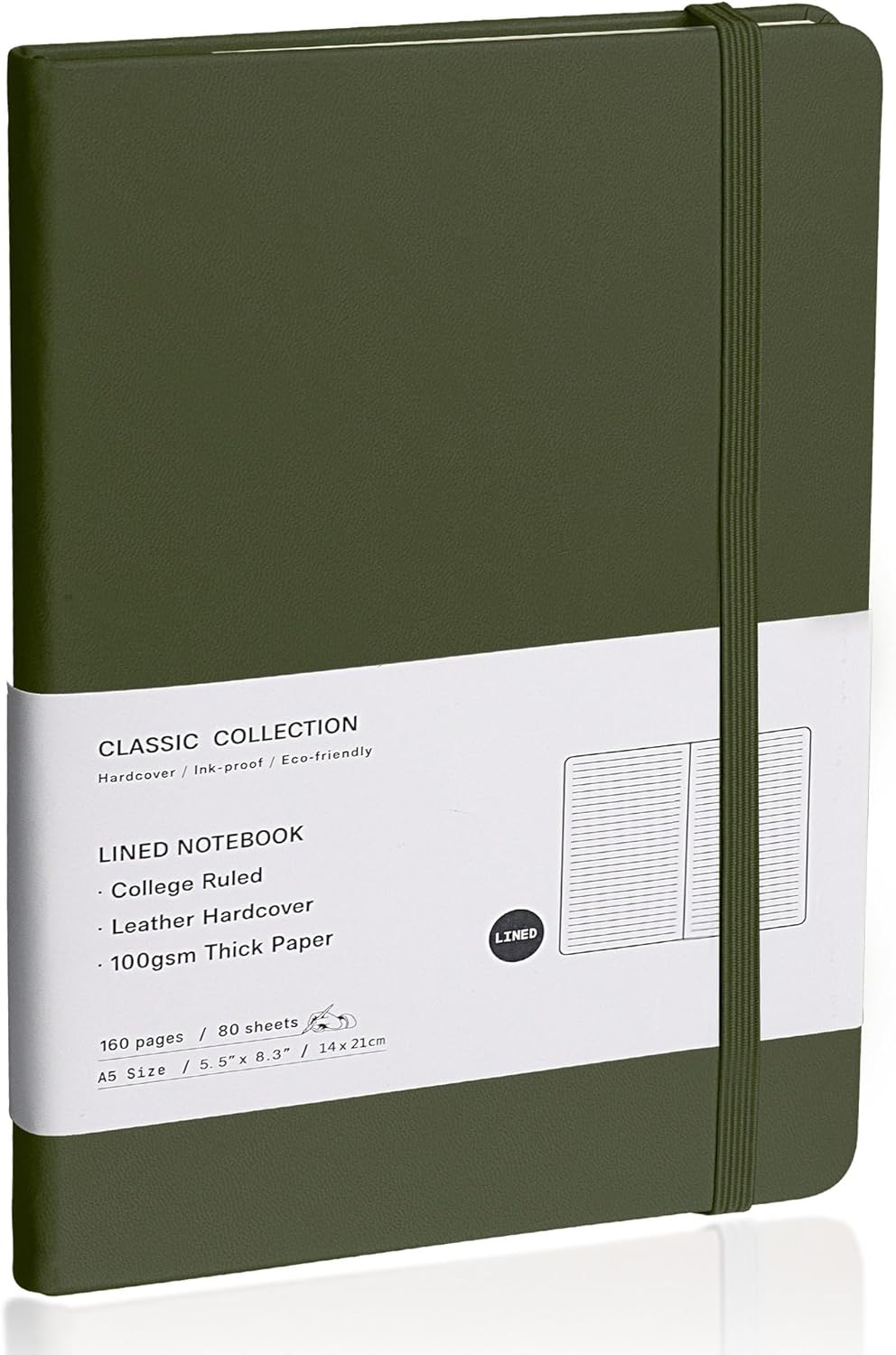 Lined Journal Notebook, (Olive Green), 160 Pages, Medium 5.7 inches x 8 inches - 100 gsm Thick Paper, Hardcover