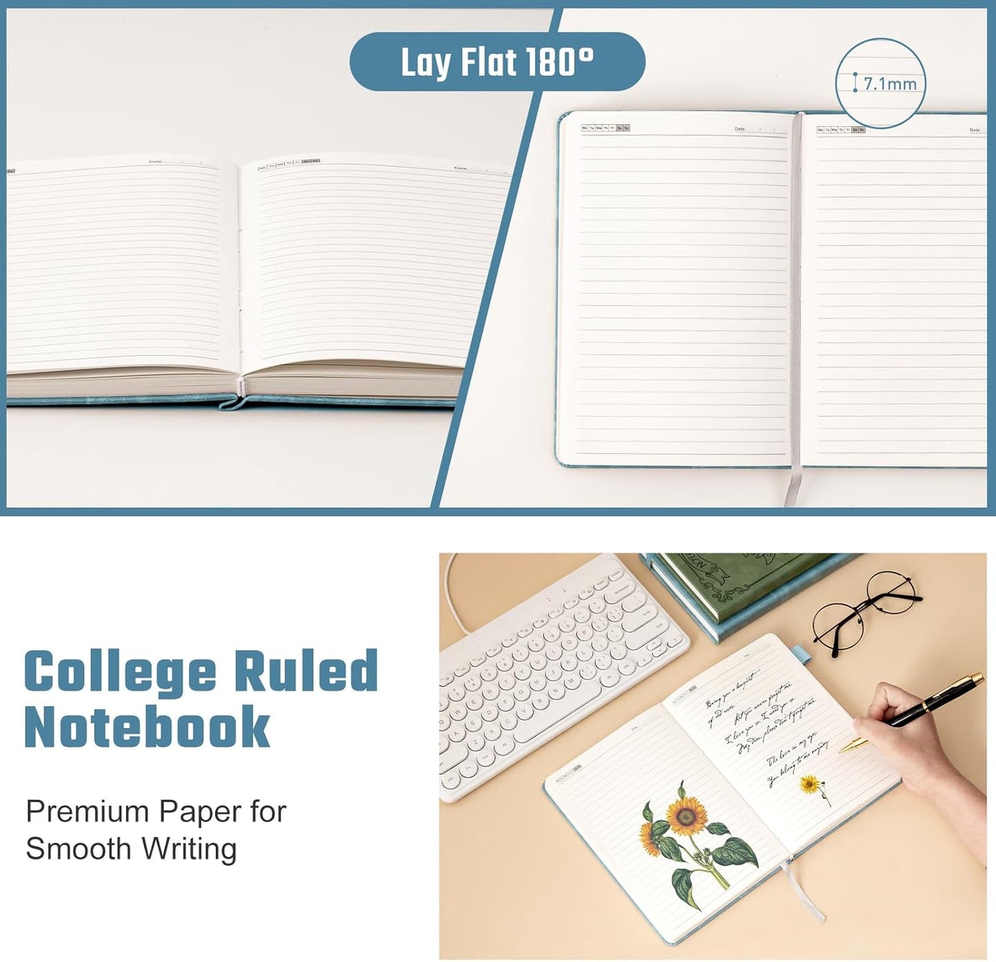 Sunflower Journal for Girls Women Journals for Writing 100GSM College Ruled A5 Leather Notebook for Girls Ages 8-12 Flower Diary with Heart-shaped Shadow, 5.7" x 8.3", Blue