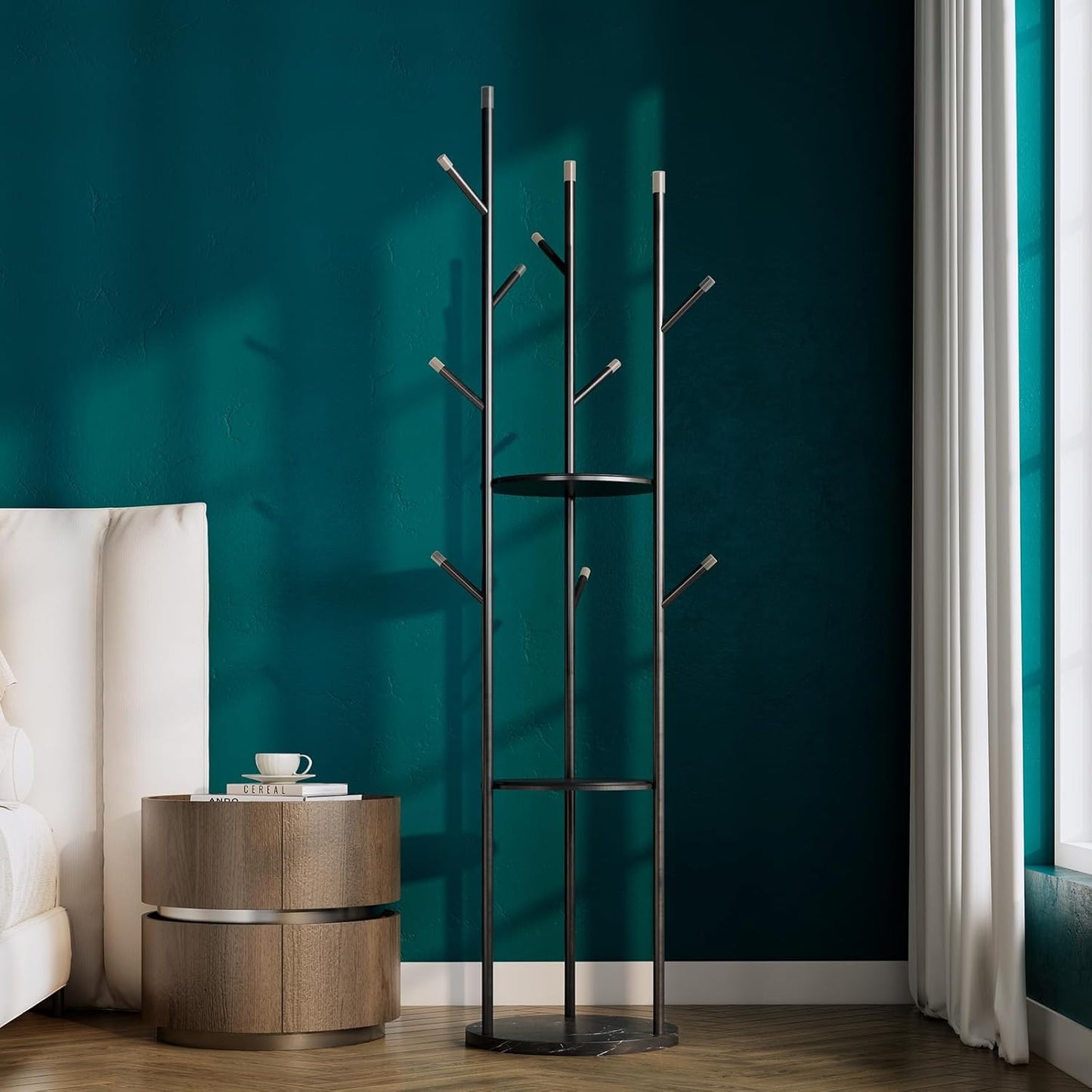 metal Coat Rack whit Marble base,heavy duty coat hanger Stand, Freestanding Coat Racks with 3 Shelves and 9 Hooks,Coat Tree for Entryway, Bedroom, Coats, Bags,purse
