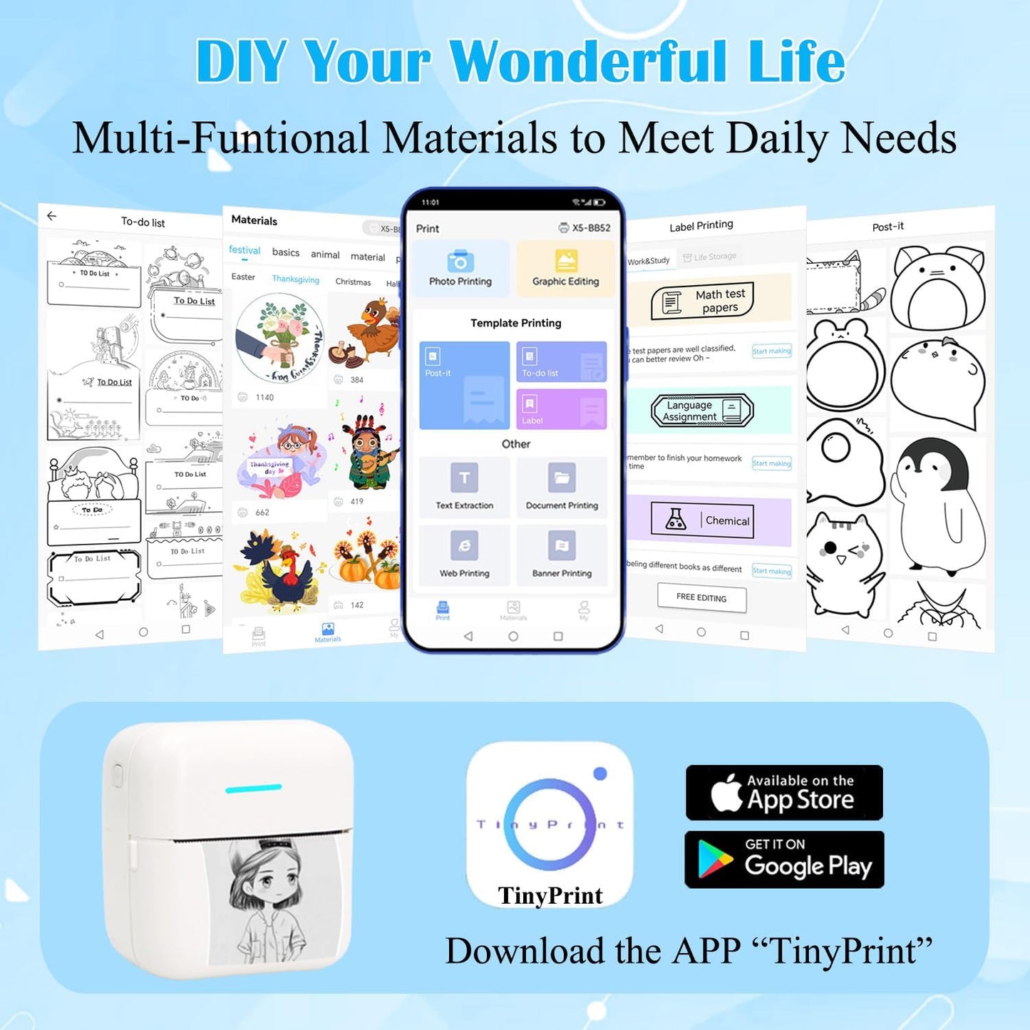 Mini Portable Printer, Inkless Sticker Printer with 12 Rolls Paper, Thermal for Notes/Photos/Stickers/Labels/Receipts, Compatible with iPhone, Android Phone & Tablet, White