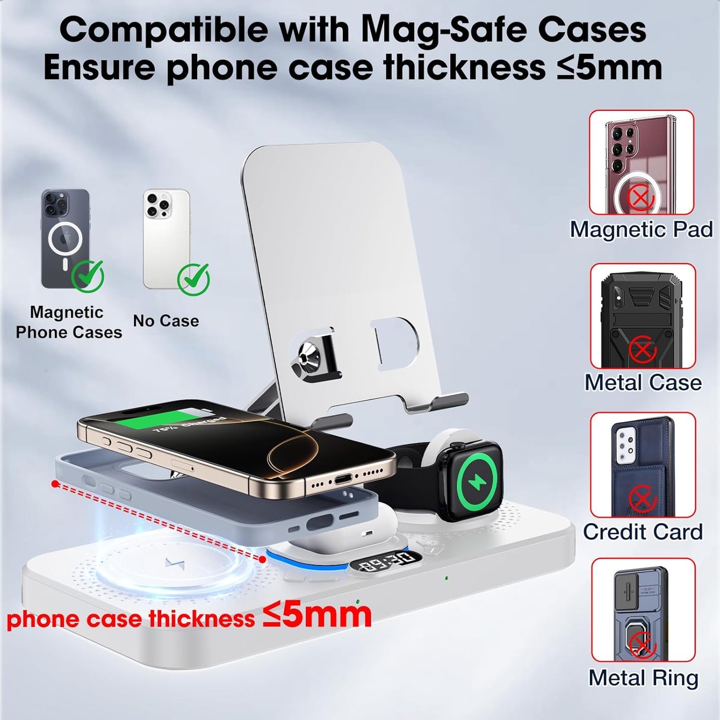 30W Charging Station for Apple Products, Foldable Wireless Charger with Clock Display&7 Color Light, Wired Charging for iPad/Tablet Charging Station for iPhone17, for Apple Watch10 for AirPods4(White