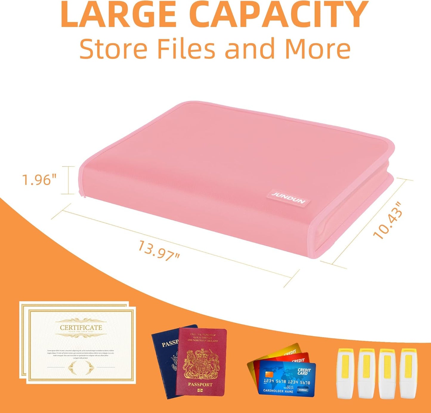 JUNDUN Accordion File Organizer - 12 Pocket Expanding File Folder with Zipper & Labels - Fireproof File Folder Organizer with Multi-Pockets,Document Organizer for Letter A4 Files and More (Pink)