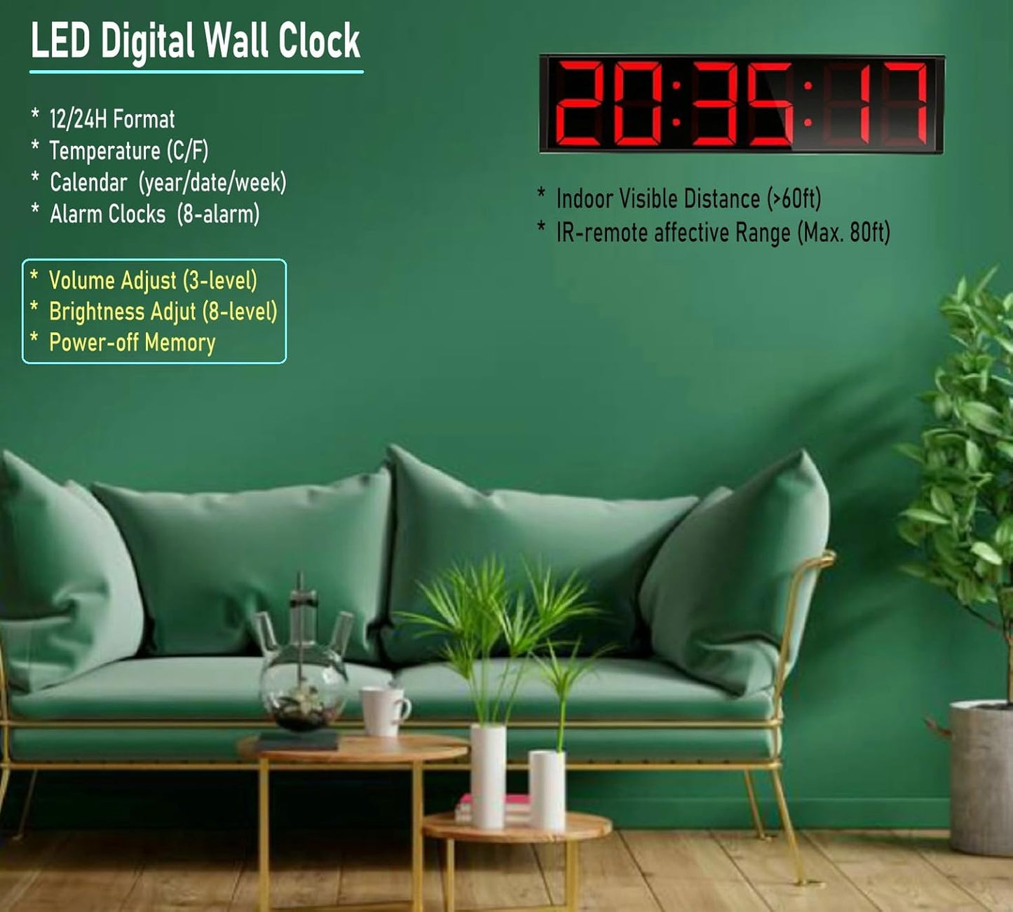 26'' Huge Digital Wall Clock, Home Gym Interval Workout Timers, with Countdown, Stopwatch, 7-Color Light, 8-Alarms, Calendar/Temperature Display, for HIIT/Tabata/FGB/EMOM (Red)