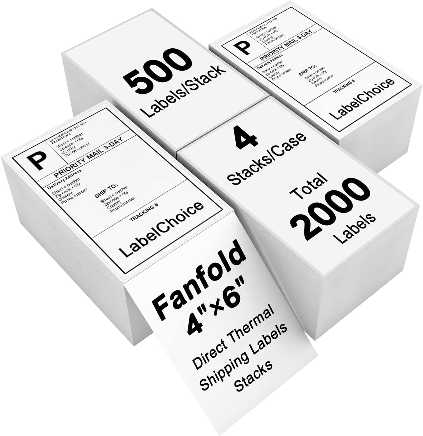 4 Stacks 2000 Labels 4" x 6" Fanfold Direct Thermal Labels with Perforated line, Permanent Adhesive, White Mailing Shipping Labels Compatible with Zebra, Rollo, Munbyn (500 Labels/Stack)