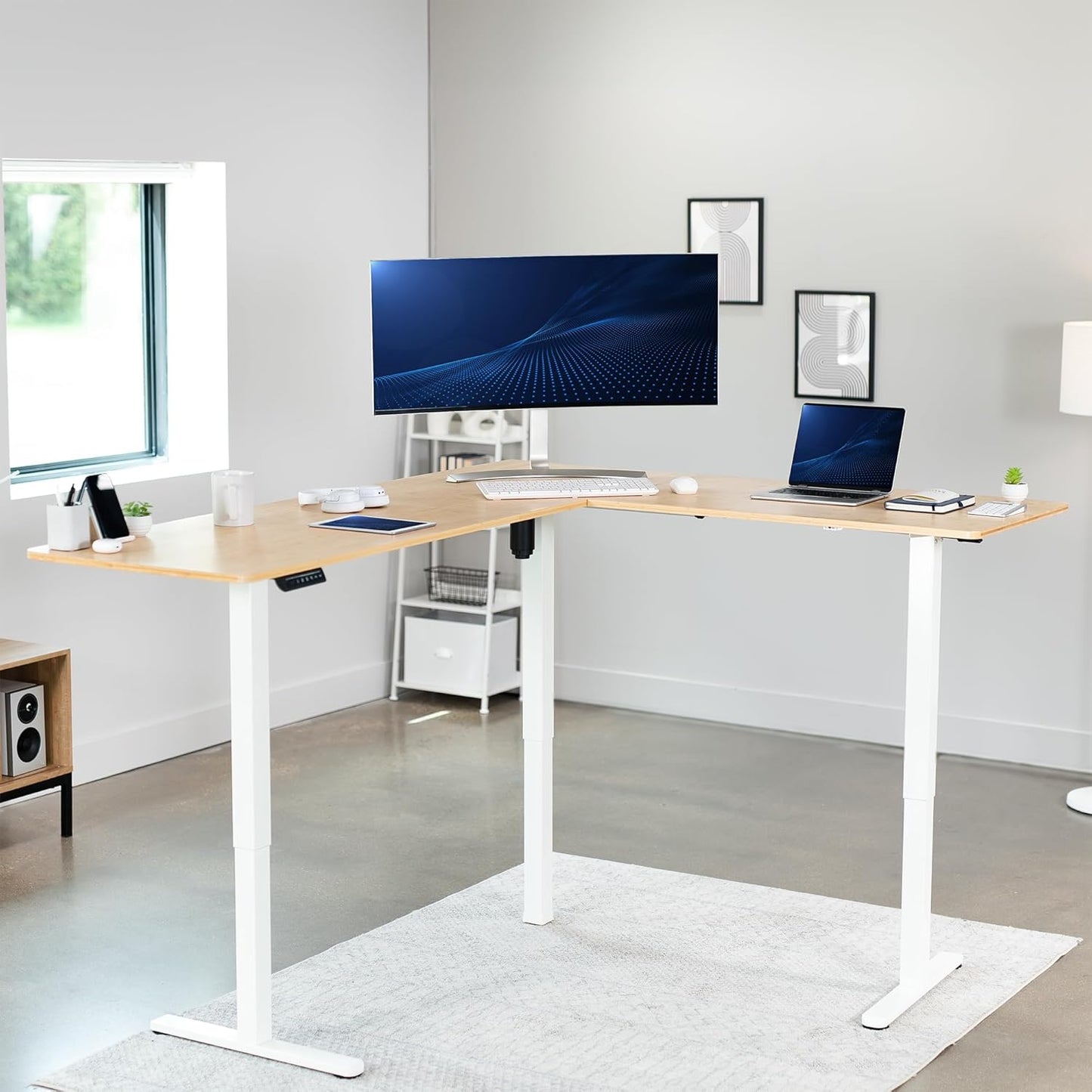 VIVO Electric Corner L-Shaped 75 x 63 in Real Bamboo Standing Desk, Memory Height Adjustment, White Frame, DESK-E3CTWO-75
