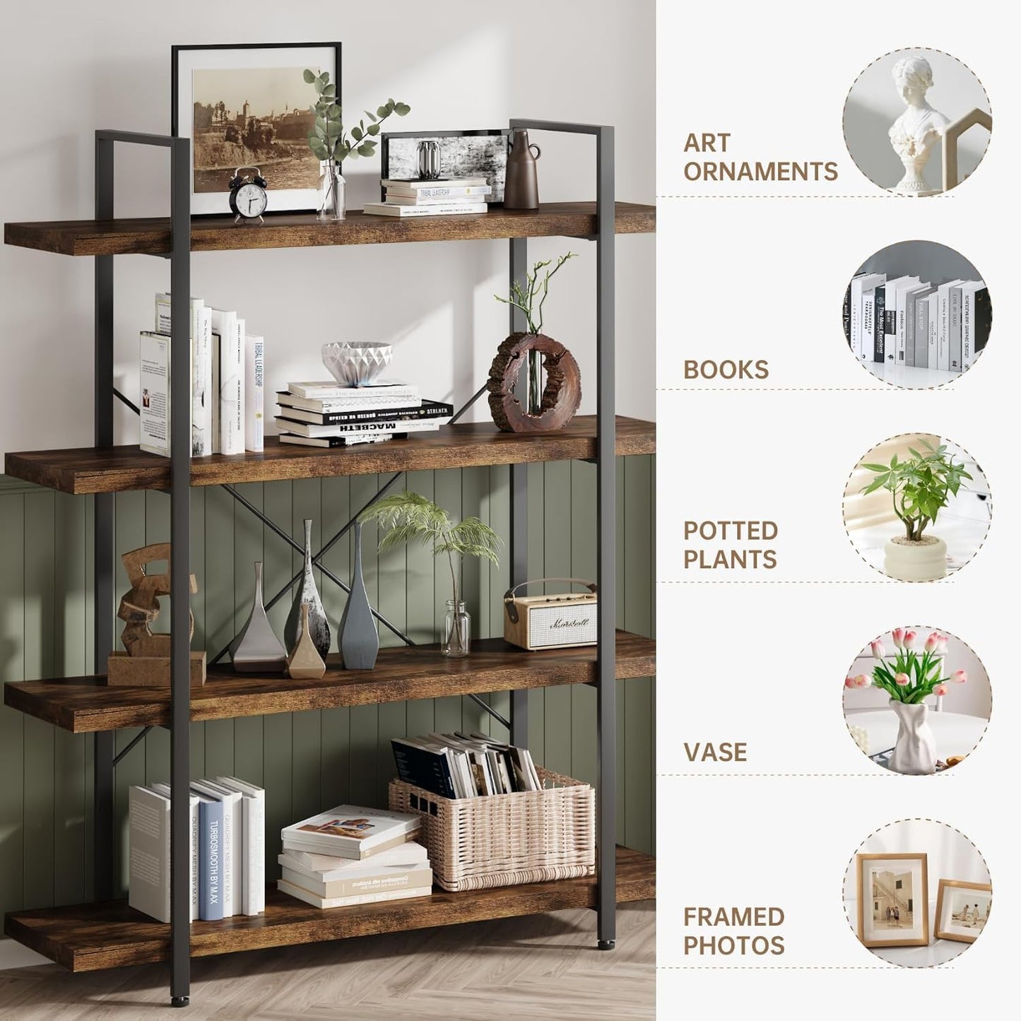 Bookshelf Set, Heavy Duty 4-Tier Industrial Bookcase, 47" Wide Wood Bookshelf for Home Office, 120lbs Shelf Capacity, Rustic Open Display with Horizontal Shelf for Living Room Bedroom