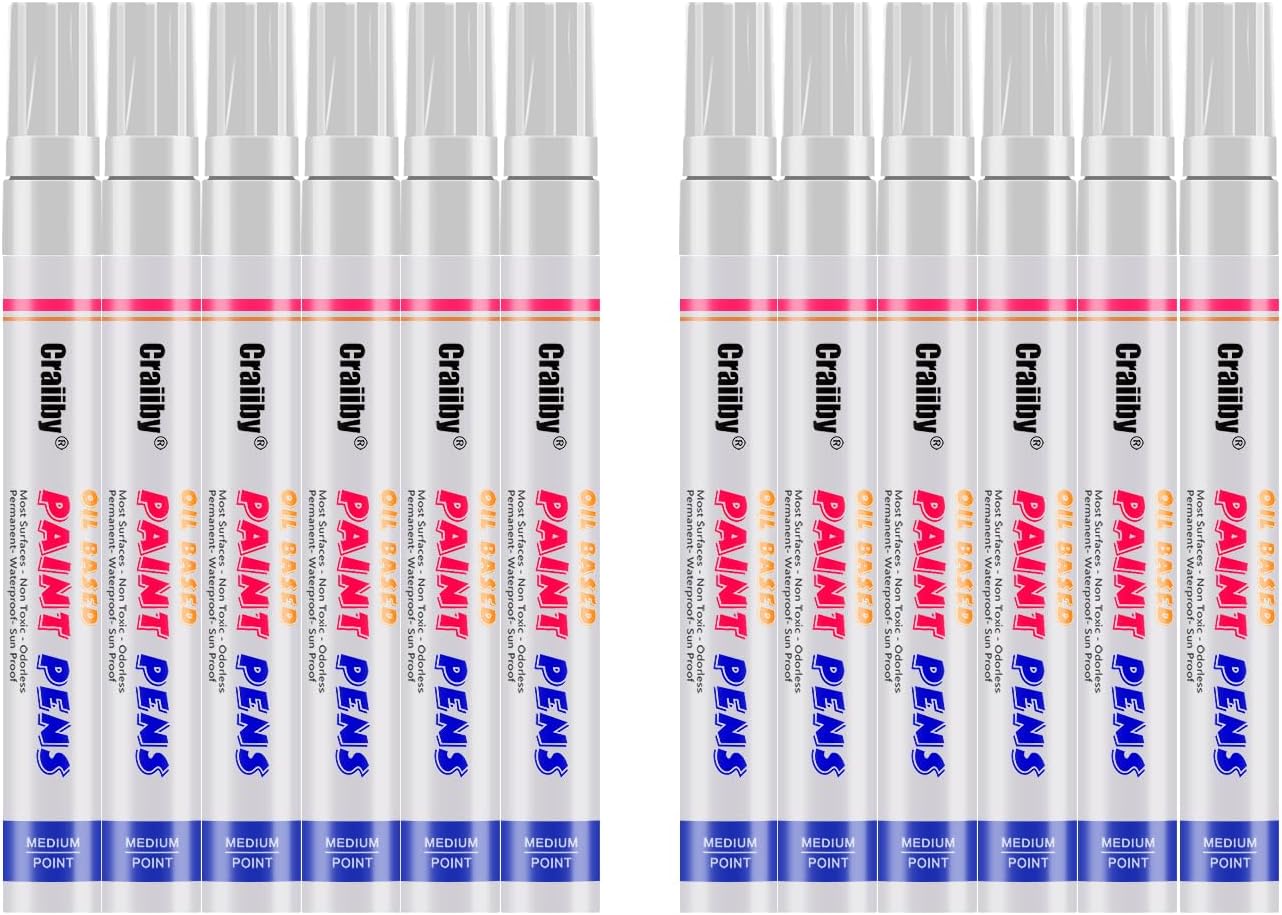 White Paint Markers, 12 Pack Oil-Based Waterproof Quick Dry Permanent Paint Pen Set for Rocks Painting, Wood, Plastic, Canvas, Glass, Mugs, Metal, Tire, Stone, DIY Craft