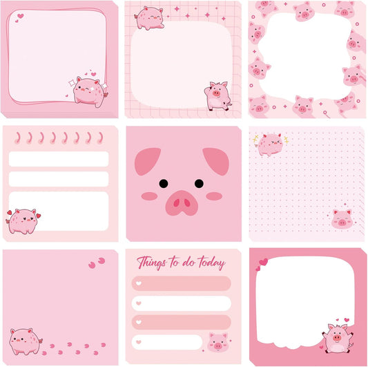 9 Pack Cute Pig Sticky Notes Set, 450 Sheets Pink Cartoon Self-Stick Notepads with Kawaii Piggy Designs, Fun Gifts for Girls Kids Students or Office Use
