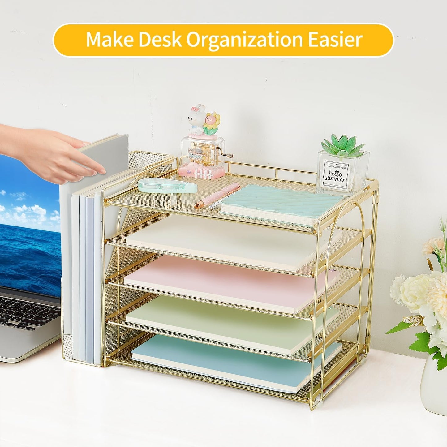 AUPSEN Gold Desk Accessories Organizer,5-Tier Letter Tray Paper Organizer with Adjustable File Holder, Desktop Office Desk Accessories for Office Supplies