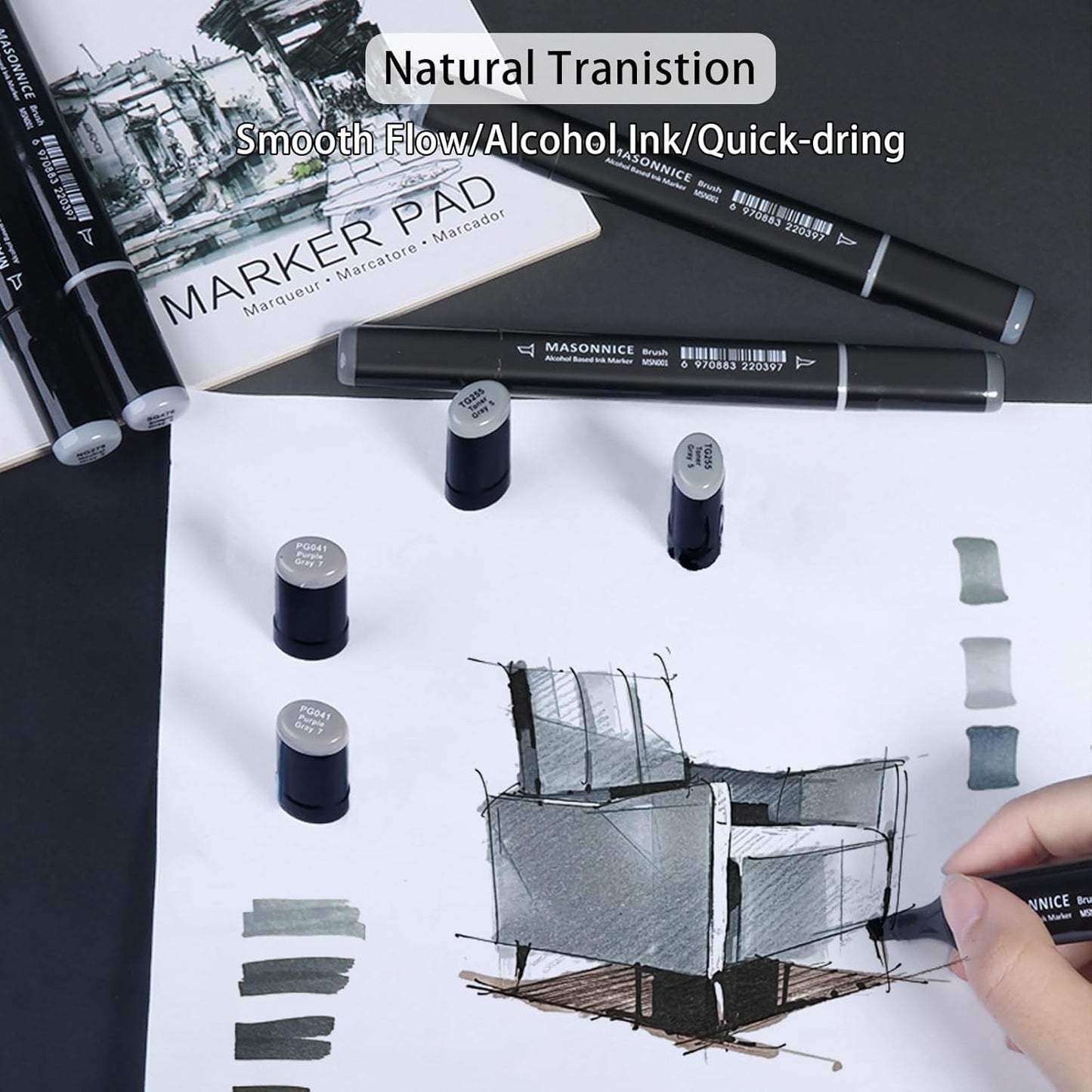 Gray Grey Alcohol Markers Brush Tip, 12pc Cool Grey Colorless Blender Markers Set for Adults Artist Coloring Book Shading Drawing Sketching Brush Chisel Tips Gifts