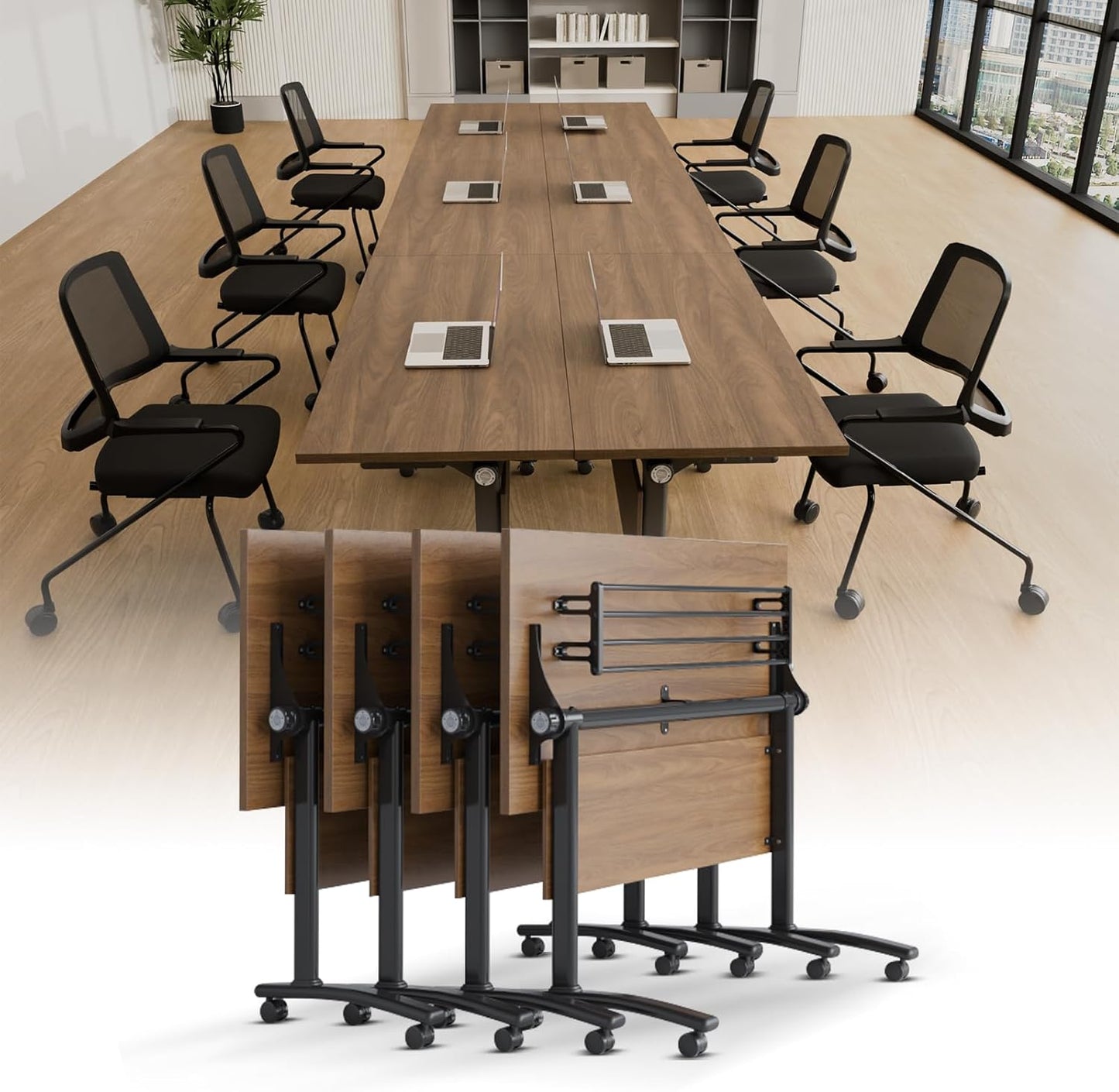 Conference Room Table with Silent Wheels, Mobile Folding Conference Table for 16 Person,Flip Top Office Training Tables with Walnuts Wood Tabletop, for School,Business Meeting Rooms (4 Pack 55in)