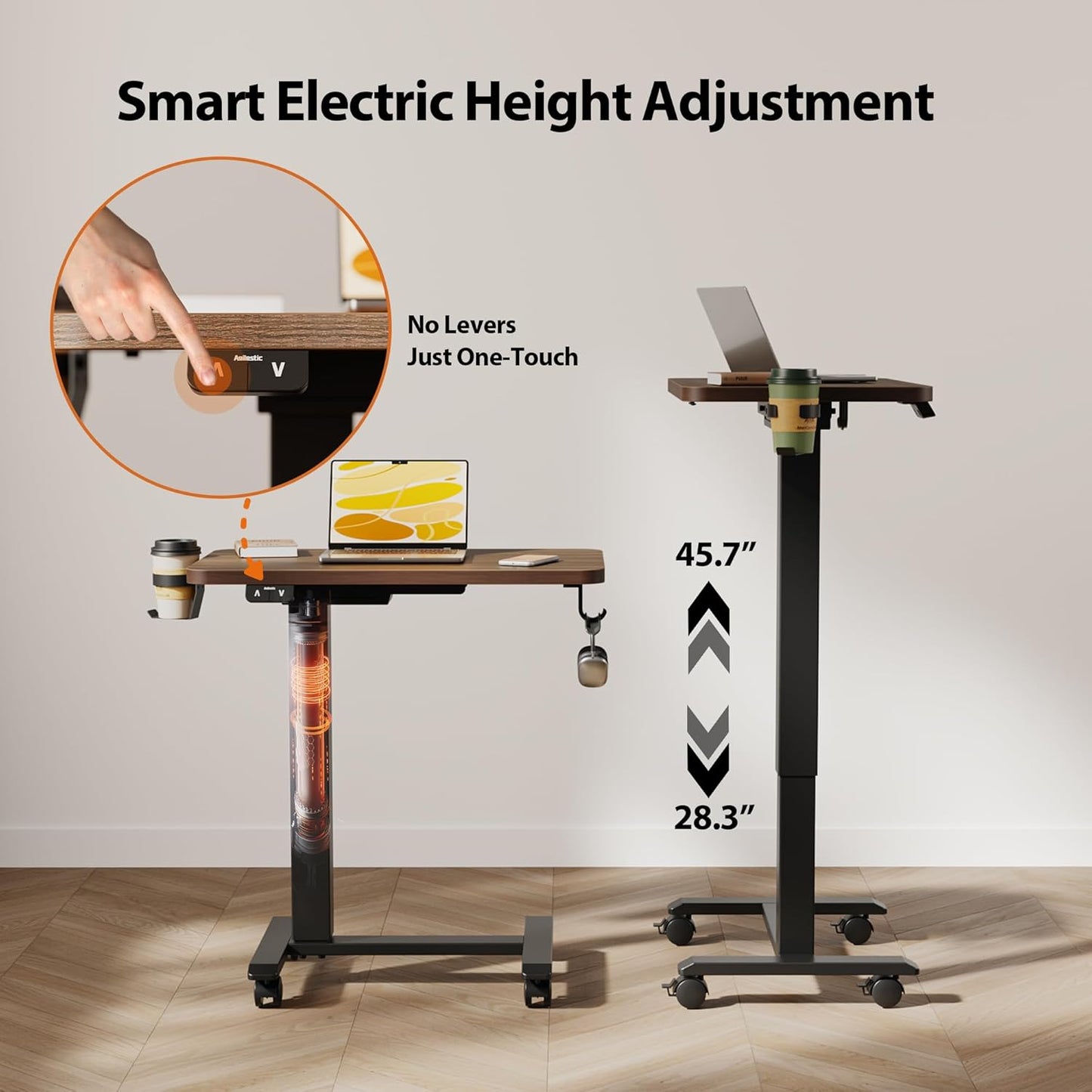 Agilestic Portable Standing Desk Height Adjustable, Mobile Table with Wheels, Small Size Sit Stand Table for Laptops, Rolling Desk for Home, 26" x 15.7"Computer Workstation, Dark Walnut