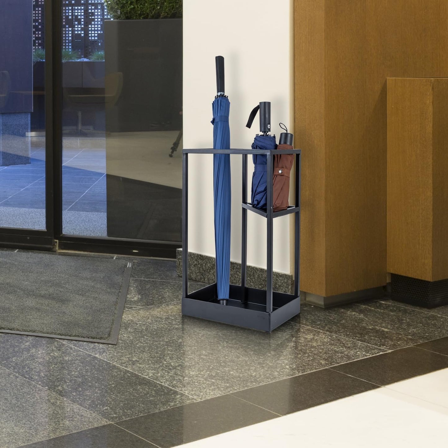 MyGift 20 Inch Tall Modern Brass Tone Metal Geometric Freestanding Entryway Umbrella Rack or Cane Holder with Shelf for Small Umbrellas and Bottom Drip Tray (Black-Large)