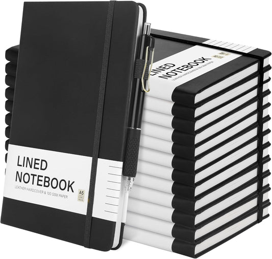 Aodaer 12 Set Lined Notebook Journals with Pens A5 Notebooks 100 GSM College Ruled Hardcover Notebook PU Leather Notepad with Pen Holder for Office School, 5.7 x 8.3 Inches, Black