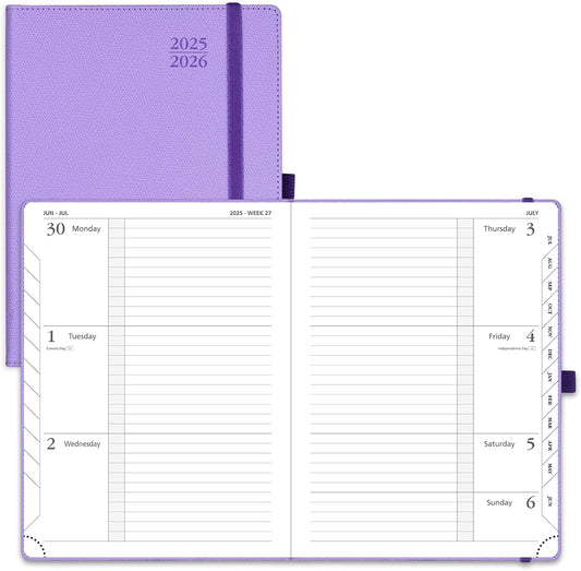 POPRUN Planner 2025-2026 (Medium 6.75''x 8.75''), Horizontal Weekly Notebook Jul.2025 - Jun.2026, Academic Appointment Book with Monthly Tabs, Leather Hardcover, Inner Pocket, 100 GSM - Lavender
