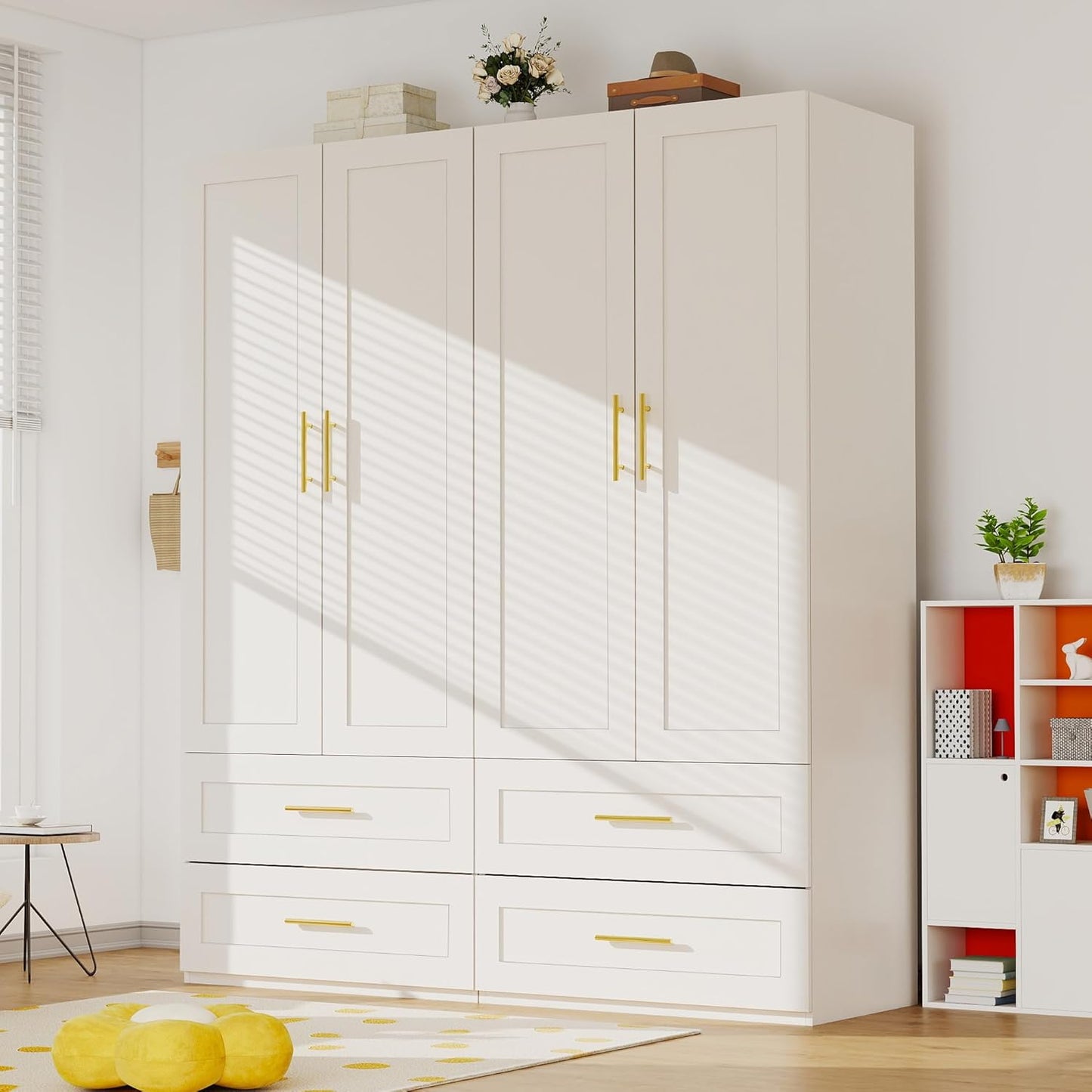 White Wardrobe with 4 Doors: 75" Tall Armoire Wardrobe Closet with 4 Drawers, Bedroom Closet Cabinet for Hanging Clothes, Wooden Storage Armoire with Shelves (Contemporary, 2)