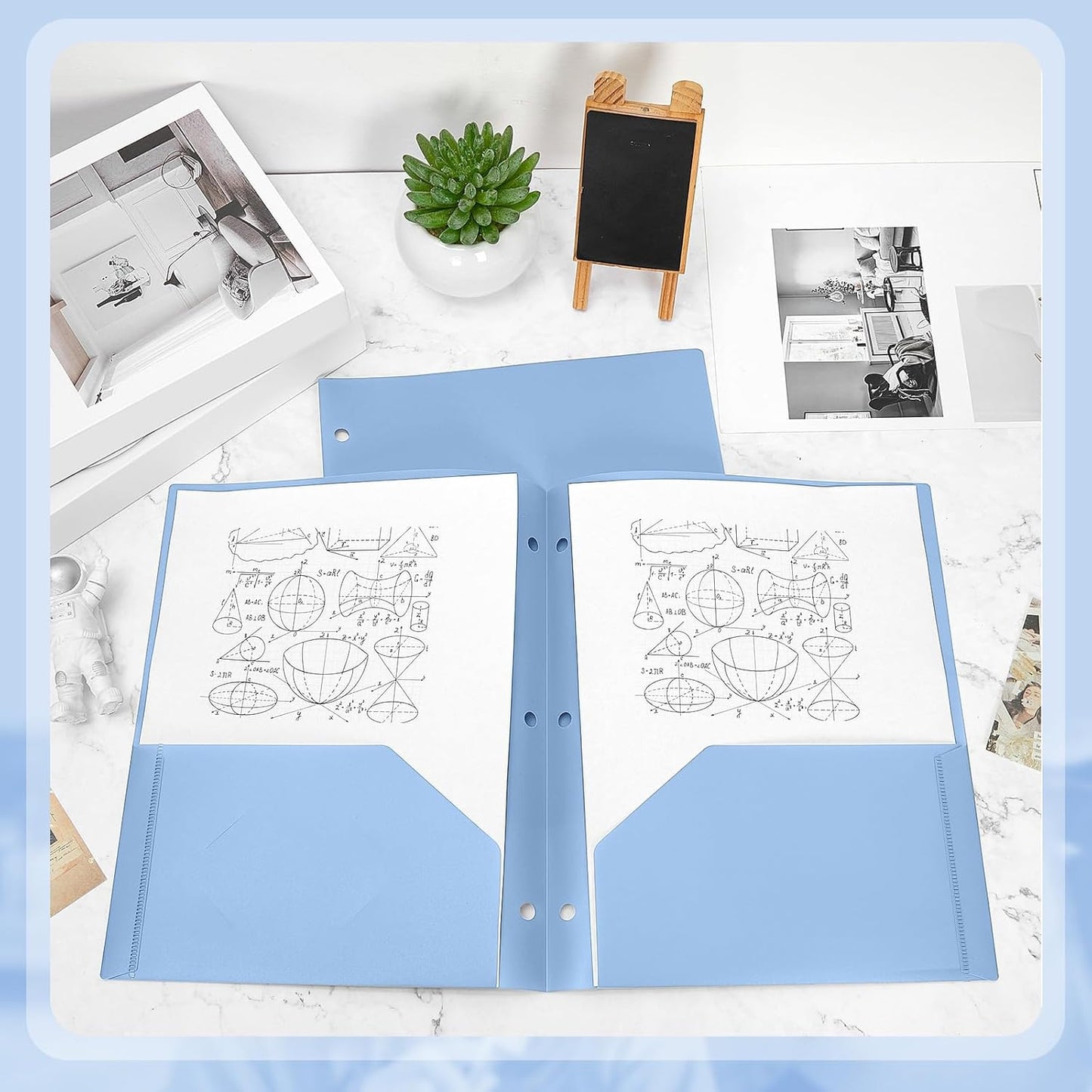 Yeaqee 100 Pcs Plastic Folders with Pockets Bulk 3 Hole Punched 2 Pocket File Folders for 3 Ring Binder Divider Folder for Notebooks, Durable Poly for Office Home (Haze Blue)