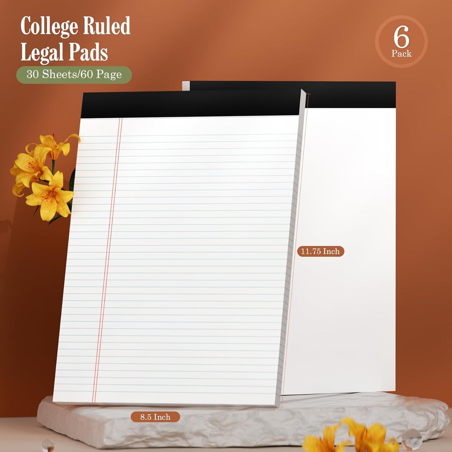 White Legal Pads 8.5 x 11 Writing Note Pads 9/32'' College Ruled & Double-Sided Printing - 30 Sheets Premium Thick Paper - 38 Lines Perforated Notepads 8.5 x 11'' 6 Pack for Office, Homework