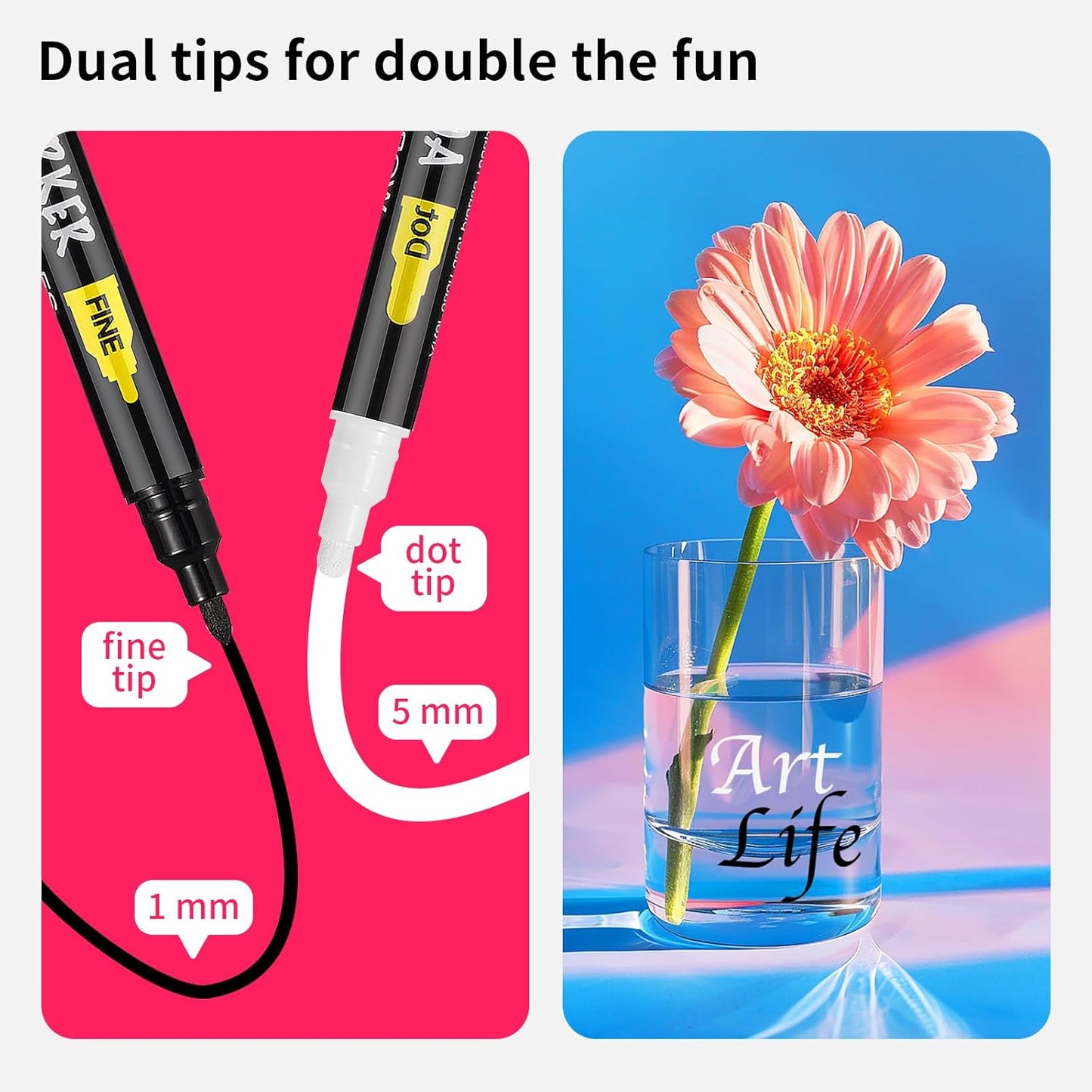 6 White and Black Acrylic Paint Pens Markers, Dual Tip (Fine 1mm + Dot 5mm), Acrylic Permanent Marker for Rock Painting Fabric Canvas Glass Wood Leather Ceramic Paper DIY, Ideal for Kids and Adults