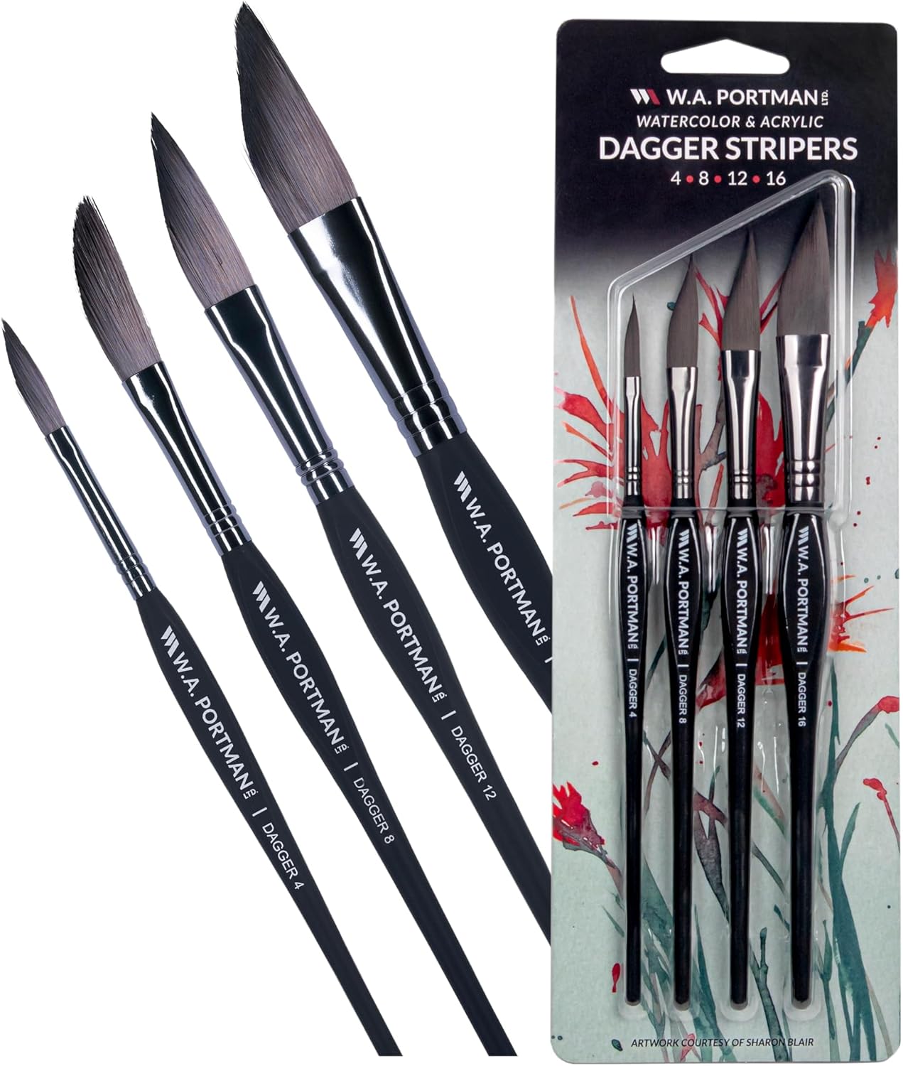 WA Portman Dagger Watercolor Paint Brushes Professional 4pc Set - 100% Vegan, Cruelty-Free Dagger Watercolor Brushes Professional - Acrylic Paint Brush Set with Triangular Comfort Grip