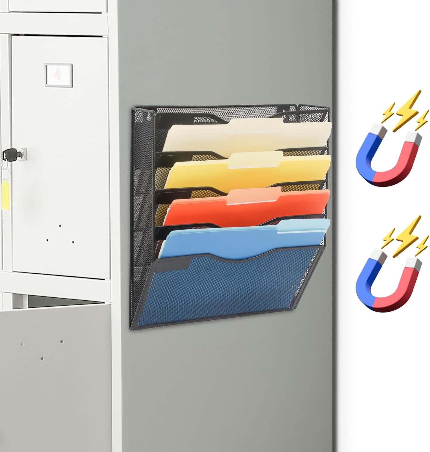 EASEPRES Magnetic 5 Pocket Mesh Hanging File Organizer, Wall Mounted Mail Paper Document Folder Holder, Clipboard Storage Organization Magazine Rack with Nametag Label for Office Home School, Black