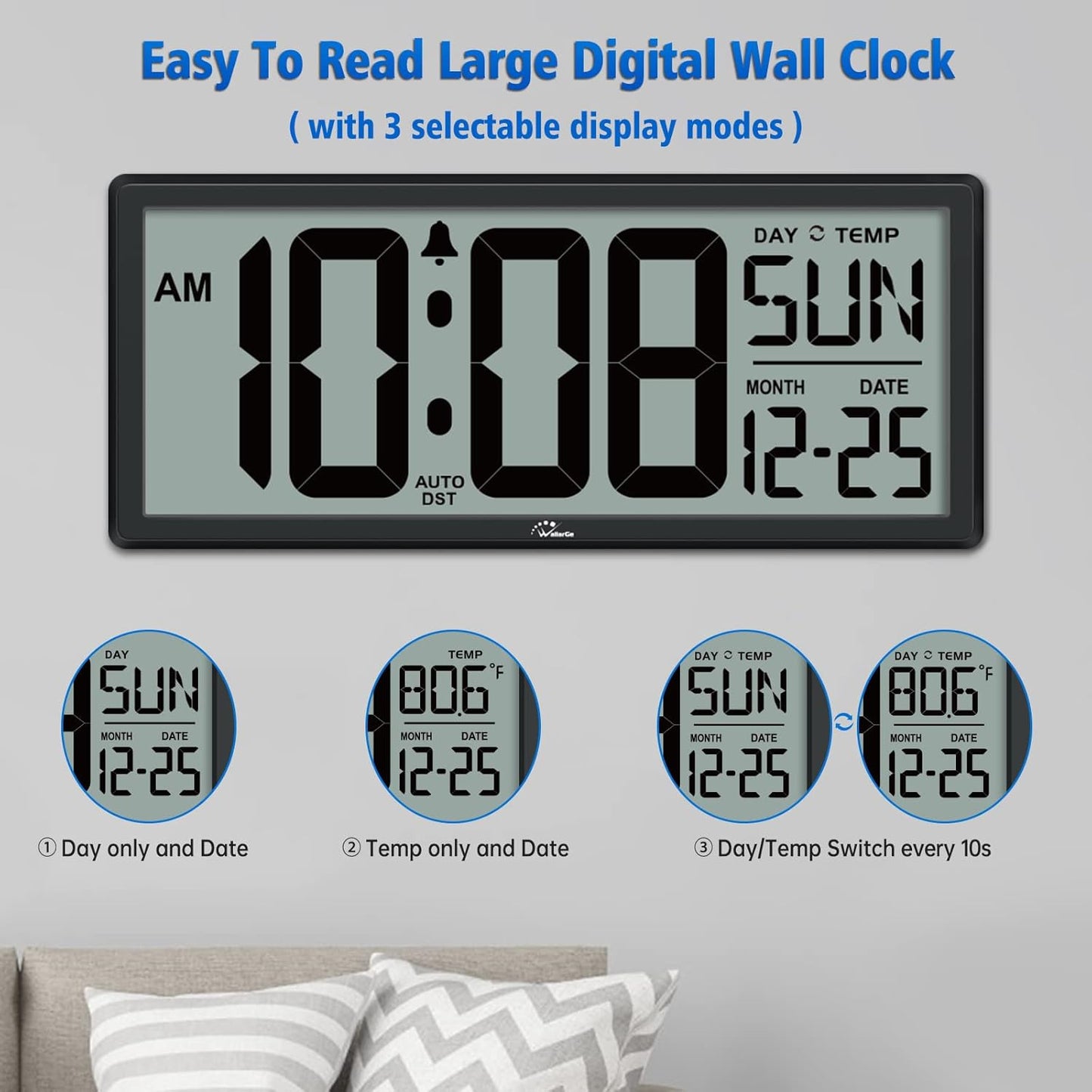 WallarGe 14.5'' Large Digital Wall Clock Battery Operated with Jumbo Numbers, Temperature and Date - Easy to Read and Set, Auto DST