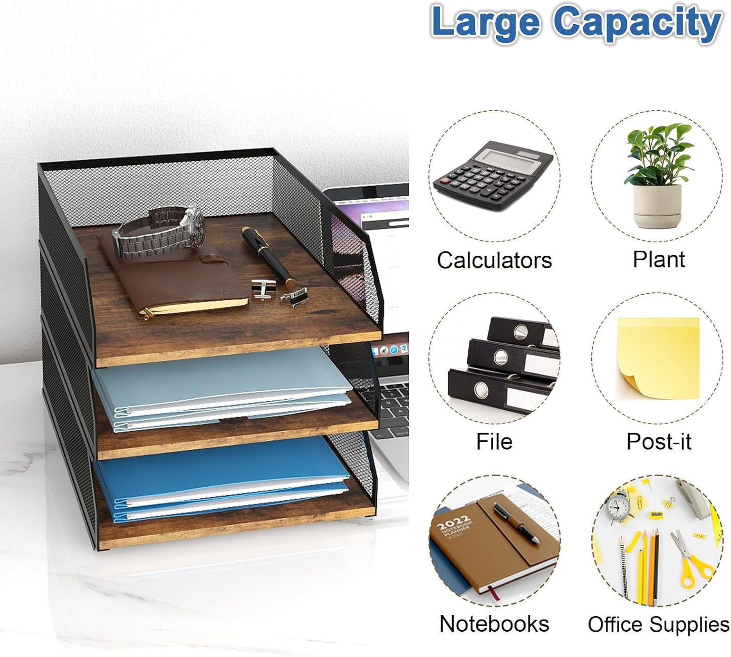 Natwind 3-Tier Stackable Paper Tray, Metal Mesh Desktop Organizer, Wood Board Paper Sorter, Letter Trays,File Document Storage Rack for for Home, Office, School (Retro)