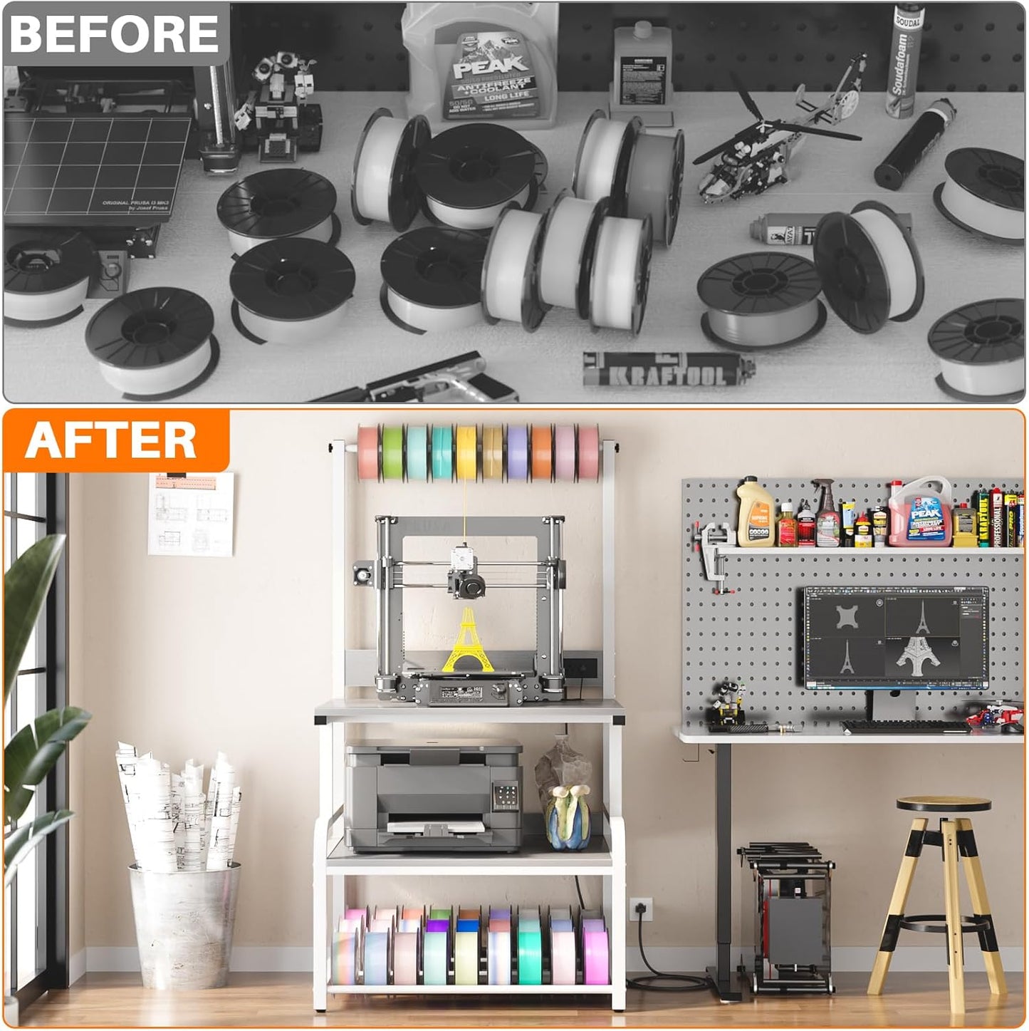 Homieasy Printer Stand with Charging Station, 29.1" x 22.8" Large 3D Printer Table with Filament Storage, Heavy Duty Rolling Printer Cart with 4-Tier Storage for Workshop/Office/Garage, Light Grey