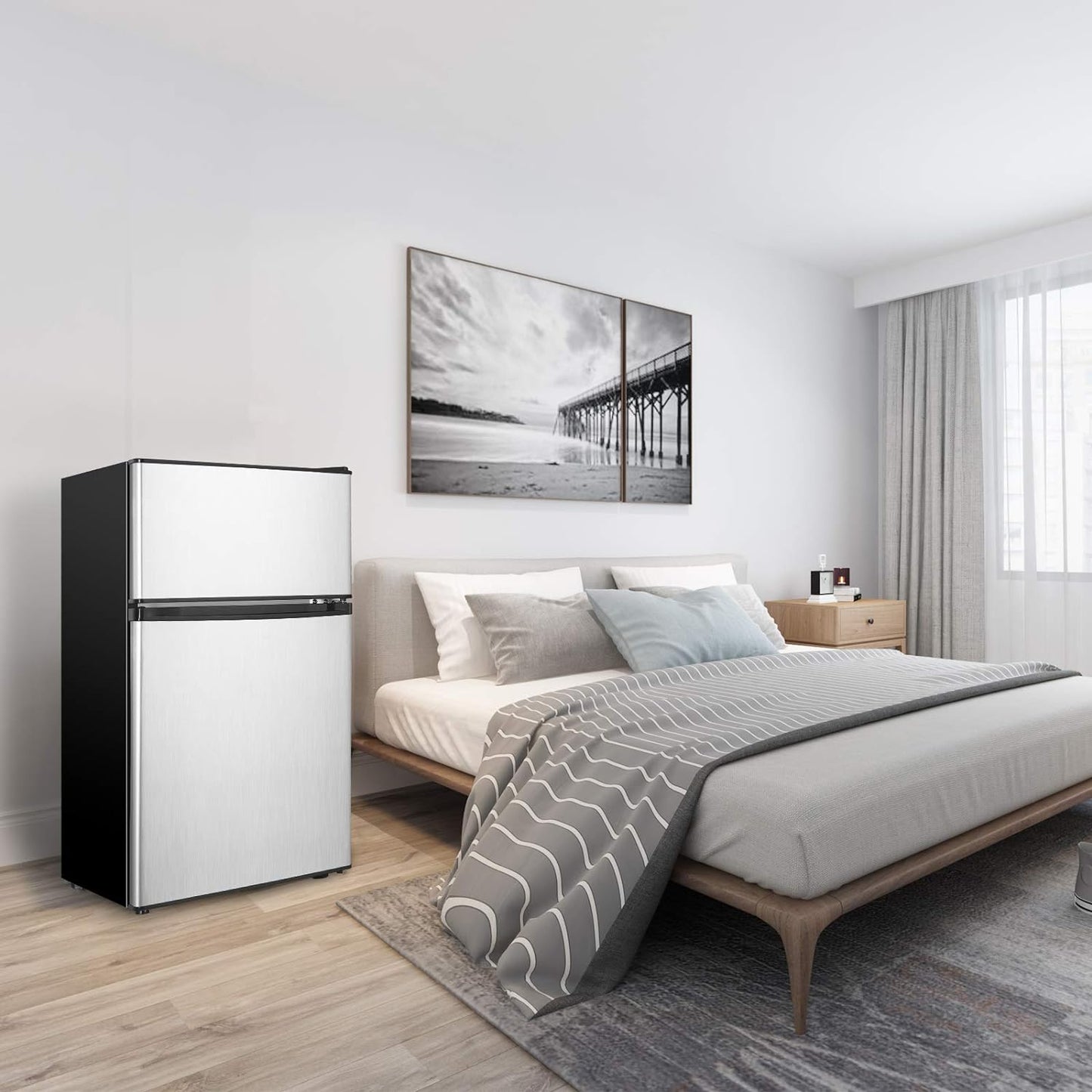 Mini Fridge With Freezer,3.2 Cu.Ft Compact Refrigerator,Mini Refrigerator With 2 Doors For Bedroom,Office,Kitchen,Apartment,Dorm(sliver)