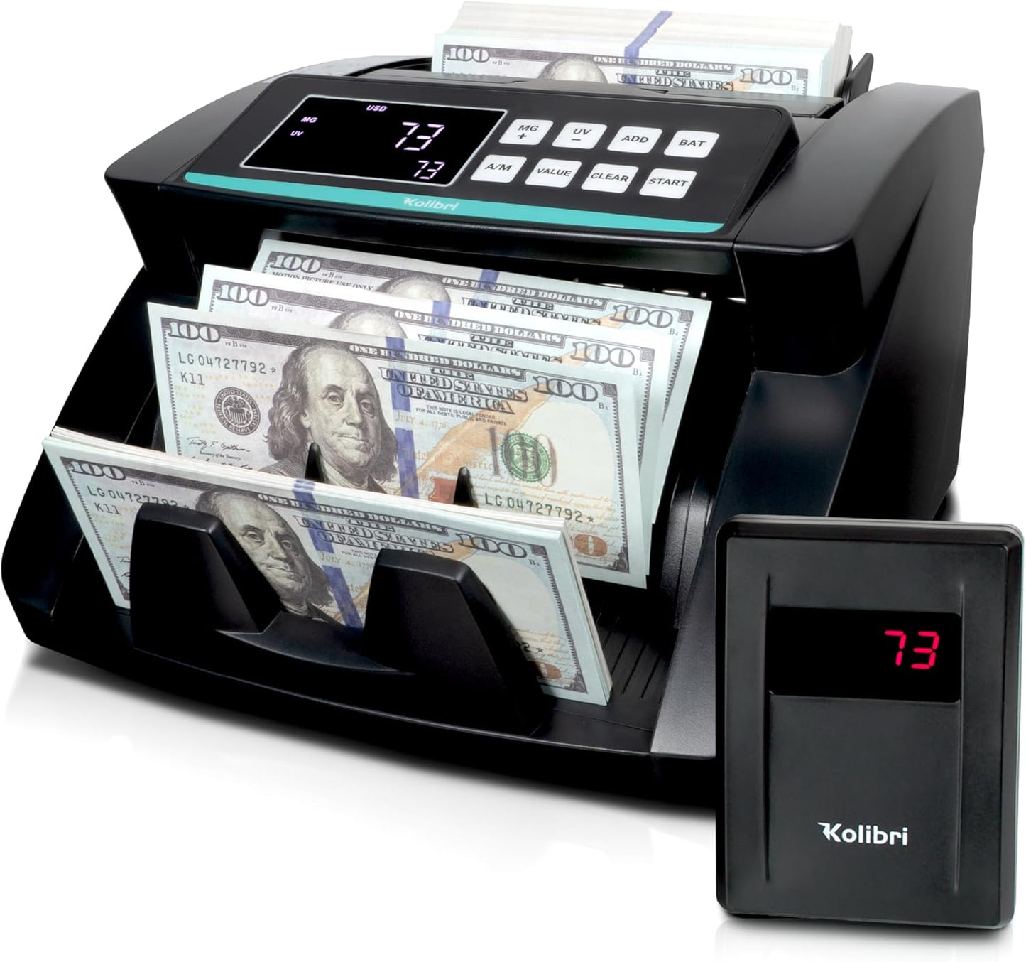 KOLIBRI Money Counter Machine, Advanced Fake Detection & LCD Display | 1,500 Bills per Minute Single-Denomination Cash Counter | Bill Counter Machine (US Customer Support)
