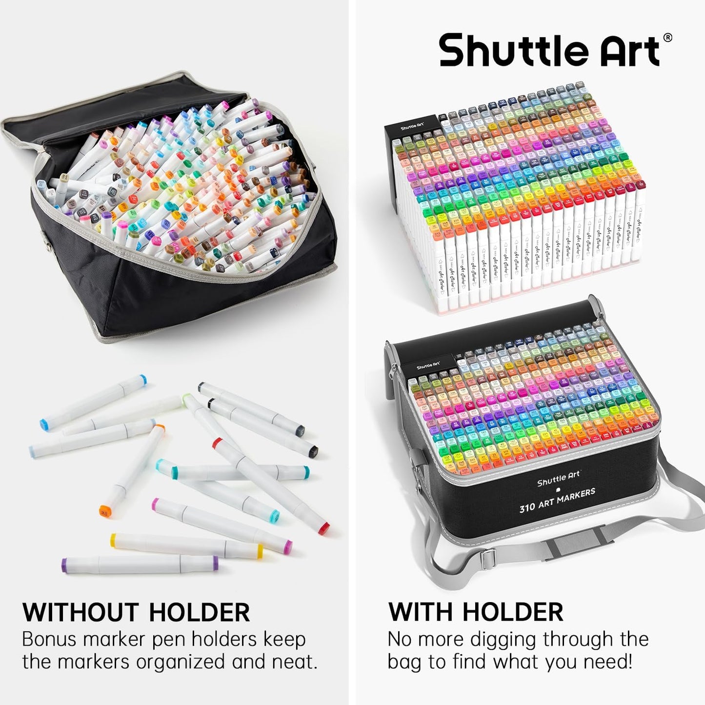 Shuttle Art 310 Colors Alcohol Markers, 309 Colors Dual Tip Art Marker Set Plus Colorless Blender, Micro-tip Pens, White Highlighter Pens, Marker Bag with Holders Perfect for Students Adults Coloring