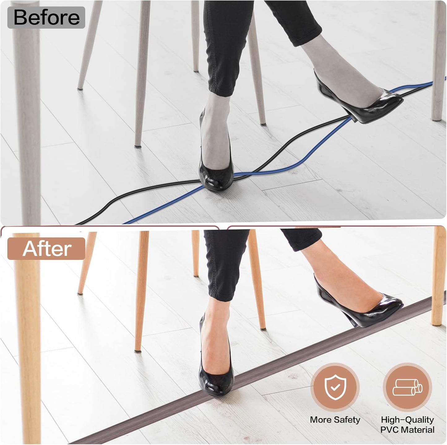 Floor Cord Cover Self Adhesive Cord Hider Floor Extension Cord Covers for Floor Power Cord Protector Cable Management Prevent Cable Trips Cable Cavity 0.51" W x 0.31" H (Brown Walnut Wood, 20Ft)