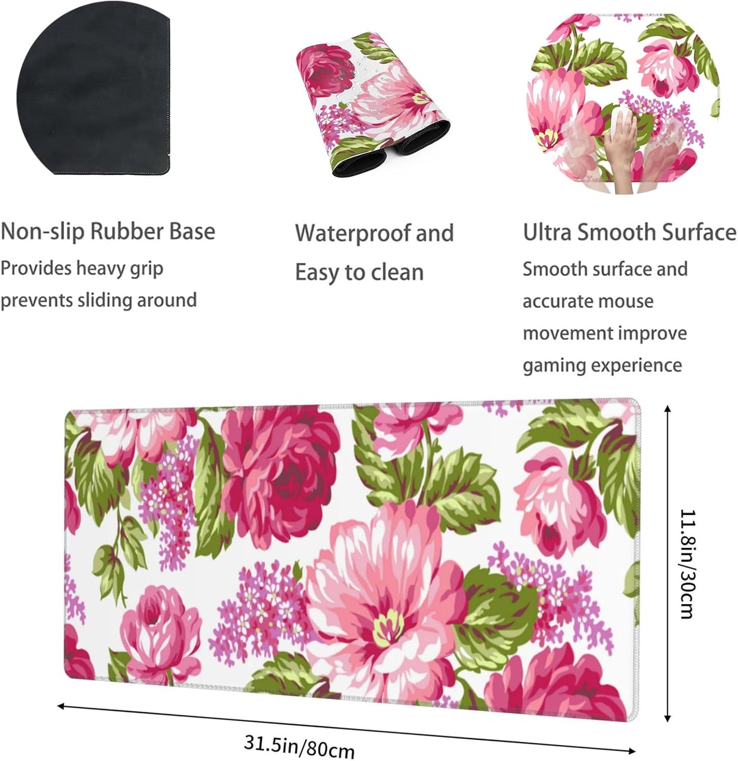 Vintage Moth Rose Large Gaming Desk Mat,Rubber Non-Slip Elegant Nocturnal Mouse Pad,31.5x11.8x0.12in Extended Nature Art Floral Mousepad,Game Lover Mice Pads Gifts,Office Home Deskmat Decor