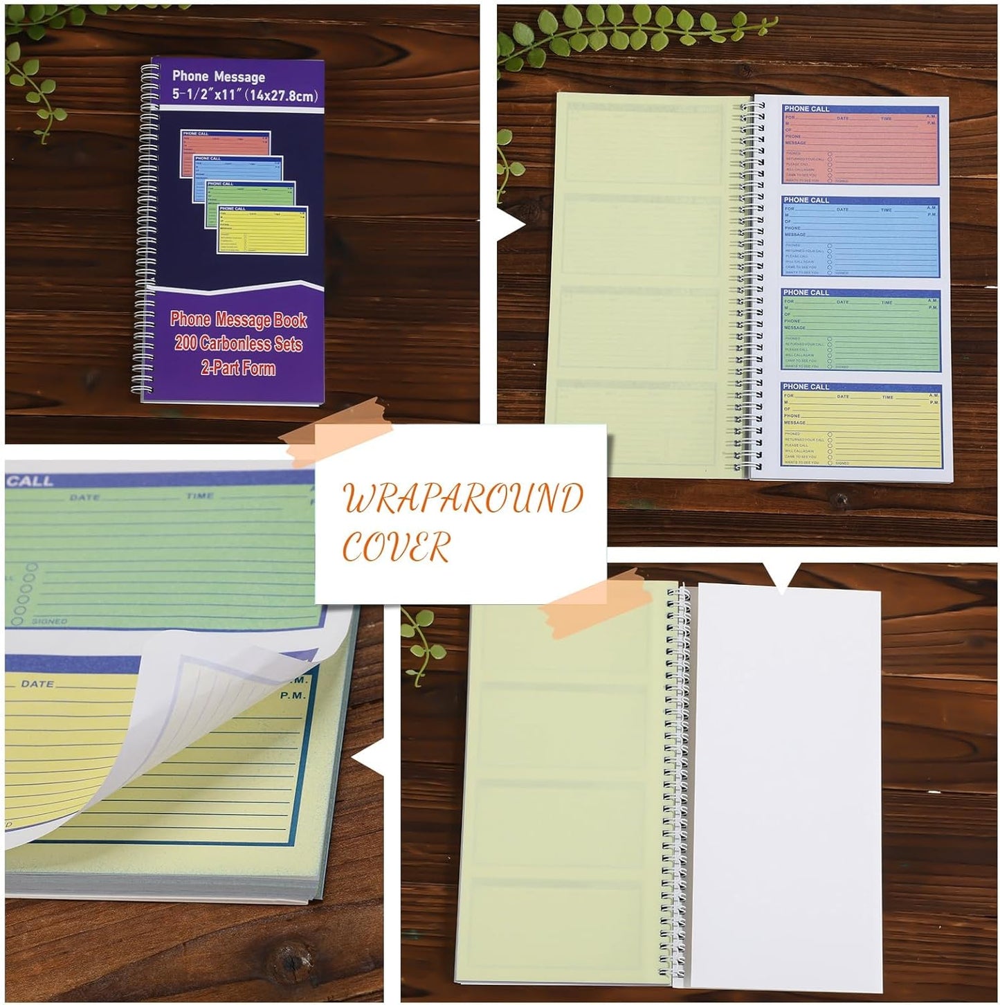 Sinmoe 10 Pcs Spiral Bound Phone Message Book with Carbon Copy 5-1/2" x 11" 2 Part Colorful Carbonless Telephone Message Pads Duplicate Spiral Phone Call Log Book for Business Office (Purple,Blue)