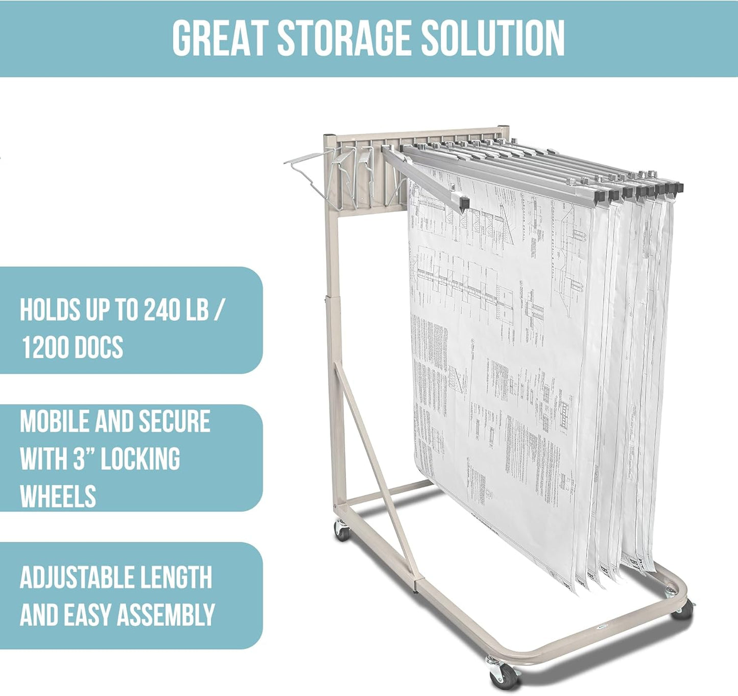 Adir Blueprint Rack and Clamps - 12 Pack of Blueprint Clamp and Mobile Blueprint Rack, Heavy-Duty Large Document Storage Solution for Blueprints, Posters, Maps, & Construction Plans
