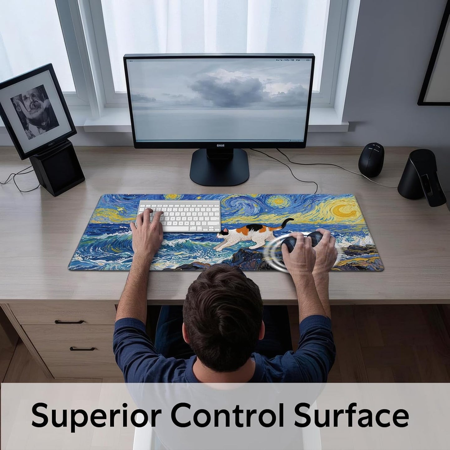 Cute Calico Cat Surfing Mouse Pad, Starry Night Style Mousepad - Large Non-Slip Desk Mat for Office, PC, Laptop - 31.5"x11.8" x 3mm