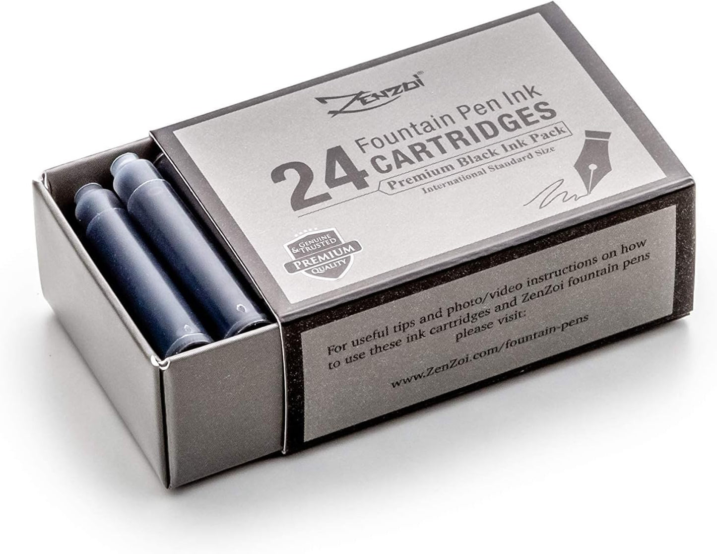 ZenZoi Fountain Pen Ink Cartridge Refills- 24 Bulk Premium Black Case- Professional Grade, International Size, Non-Toxic Ink- Smooth, Blotch-Free Writing for Luxury Pens – German Nibs (Black)