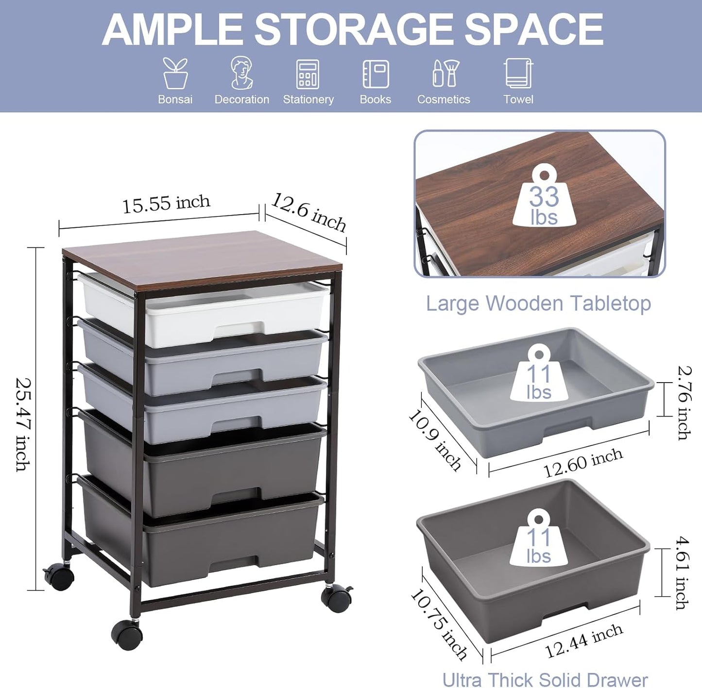 Utility Cart with 5 Drawers,Storage Drawer Cart with Wooden Tabletop and Lockable Wheels,Craft Storage Trolley Cart,5-Tier Rolling Utility Cart on Wheels,Dark Grey