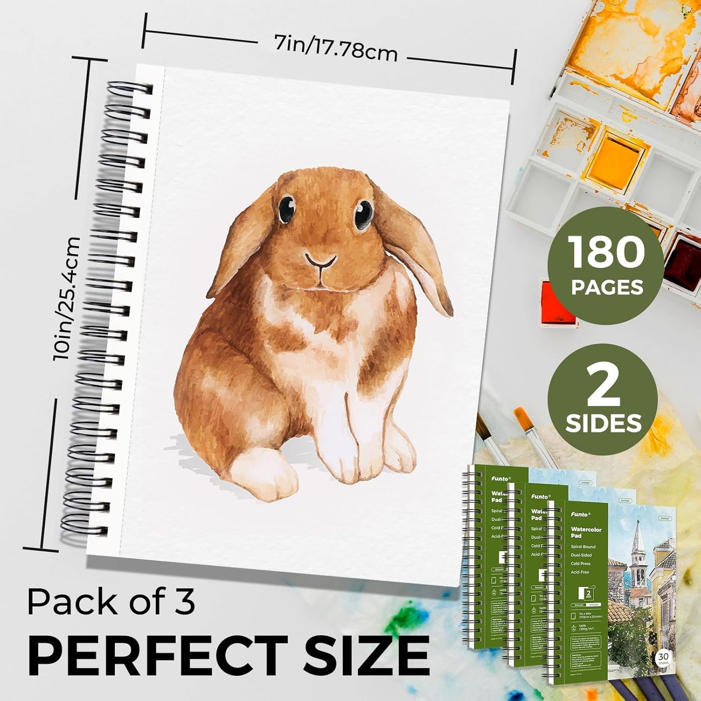 Funto Watercolor Pad 10x7, 3-Pack, 90 Sheets, 140 lb/300 GSM, Double-Sided, Cold Press, Spiral Bound, Heavyweight Paper for Watercolor Painting