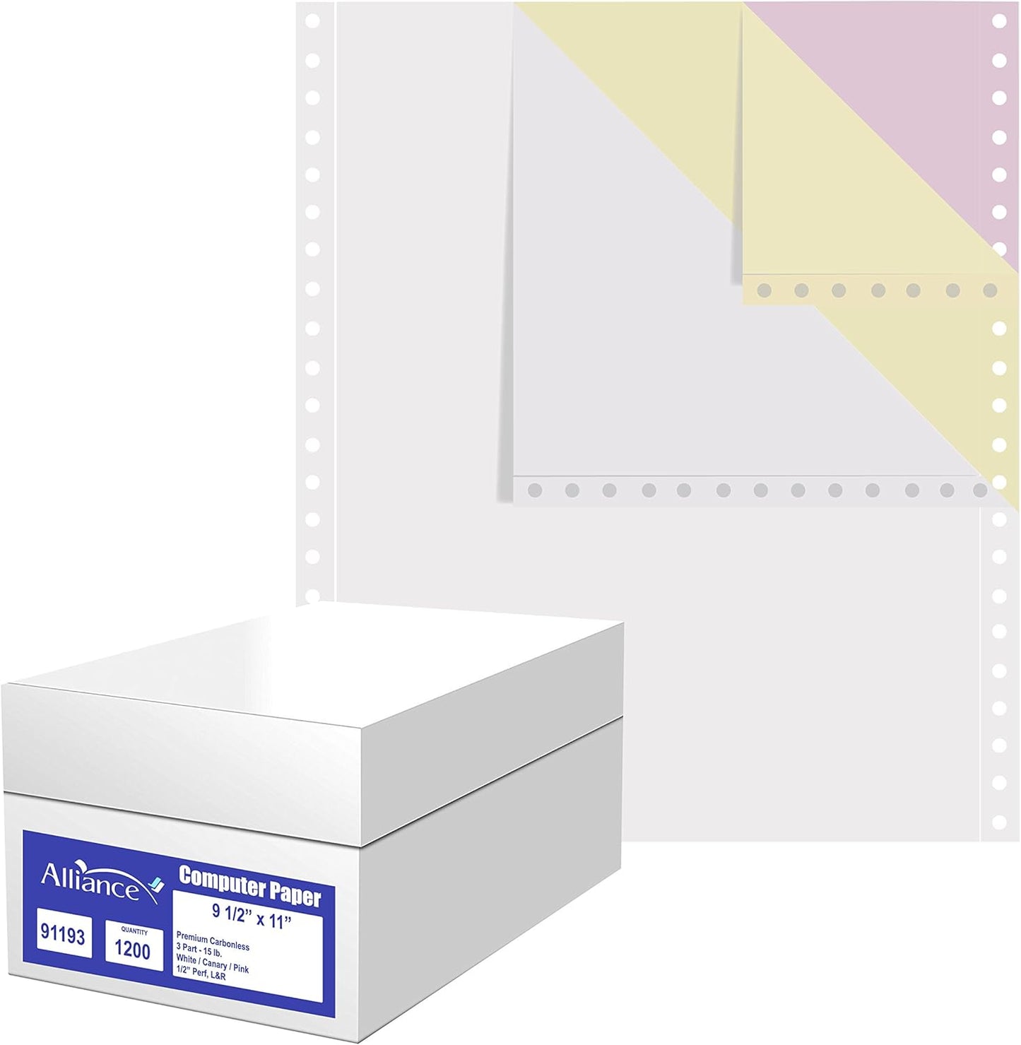 Alliance Continuous Carbonless Computer Paper 9.5 x 11, Blank Left and Right Perforated, 15 lb, 3-Part White/Canary/Pink (1,200 Sheets) - Made In The USA