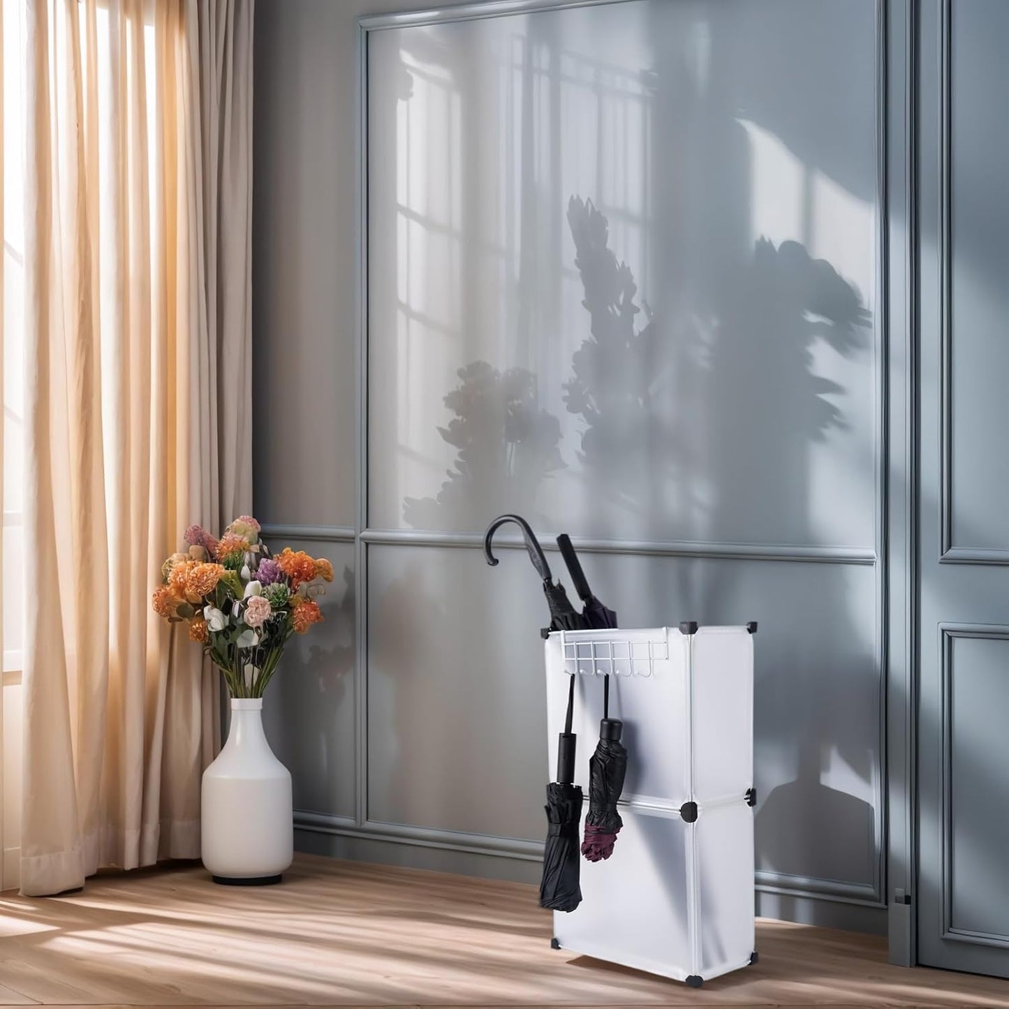 Umbrella Stand, Umbrella Holder for Entryway, 14.3 * 7.4 * 24.4inches,Square umbrella storage rack with built-in drip tray and metal hook,White.