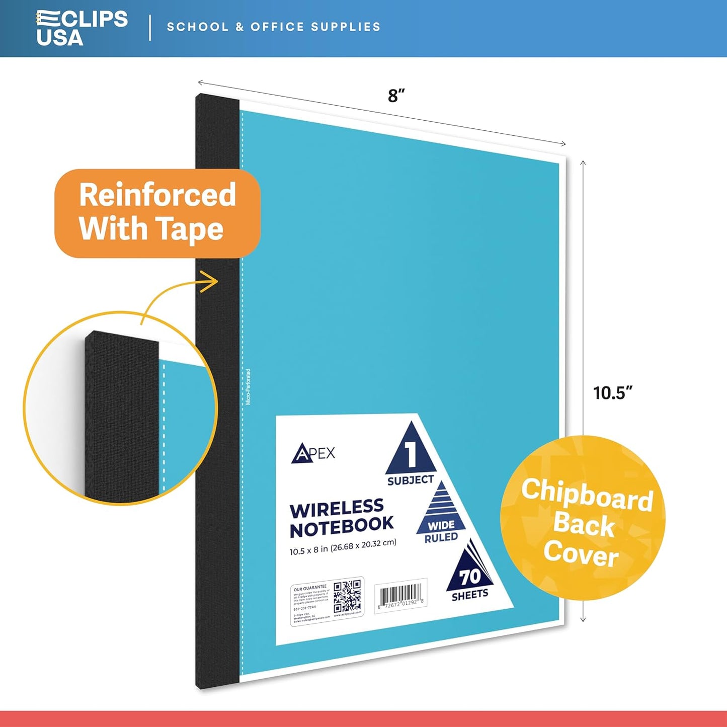 E-CLIPS USA Non Spiral Notebook, 1 Subject, Wide Ruled Notebook, Journal Notebook, Notebooks Bulk, School Supplies, Perforated Edges, 6 Colors, 70 Sheets (48, Wide Ruled)