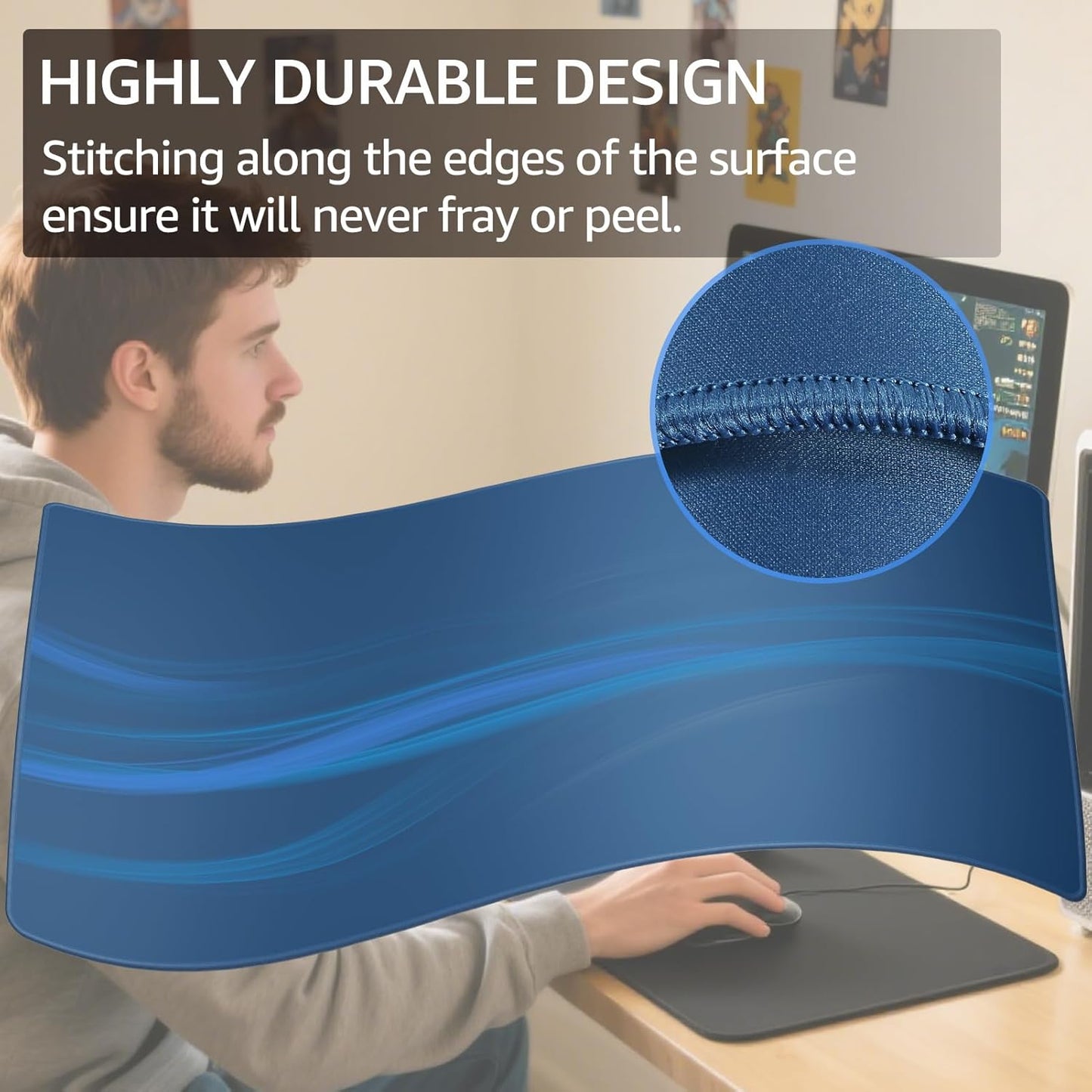 KTRIO Large Gaming Mouse Pad with Stitched Edges, Extended Mousepad with Superior Micro-Weave Cloth, Non-Slip Base, Water Resist Keyboard Pad for Gamer, Office & Home, 31.5x15.7in, Navy Blue