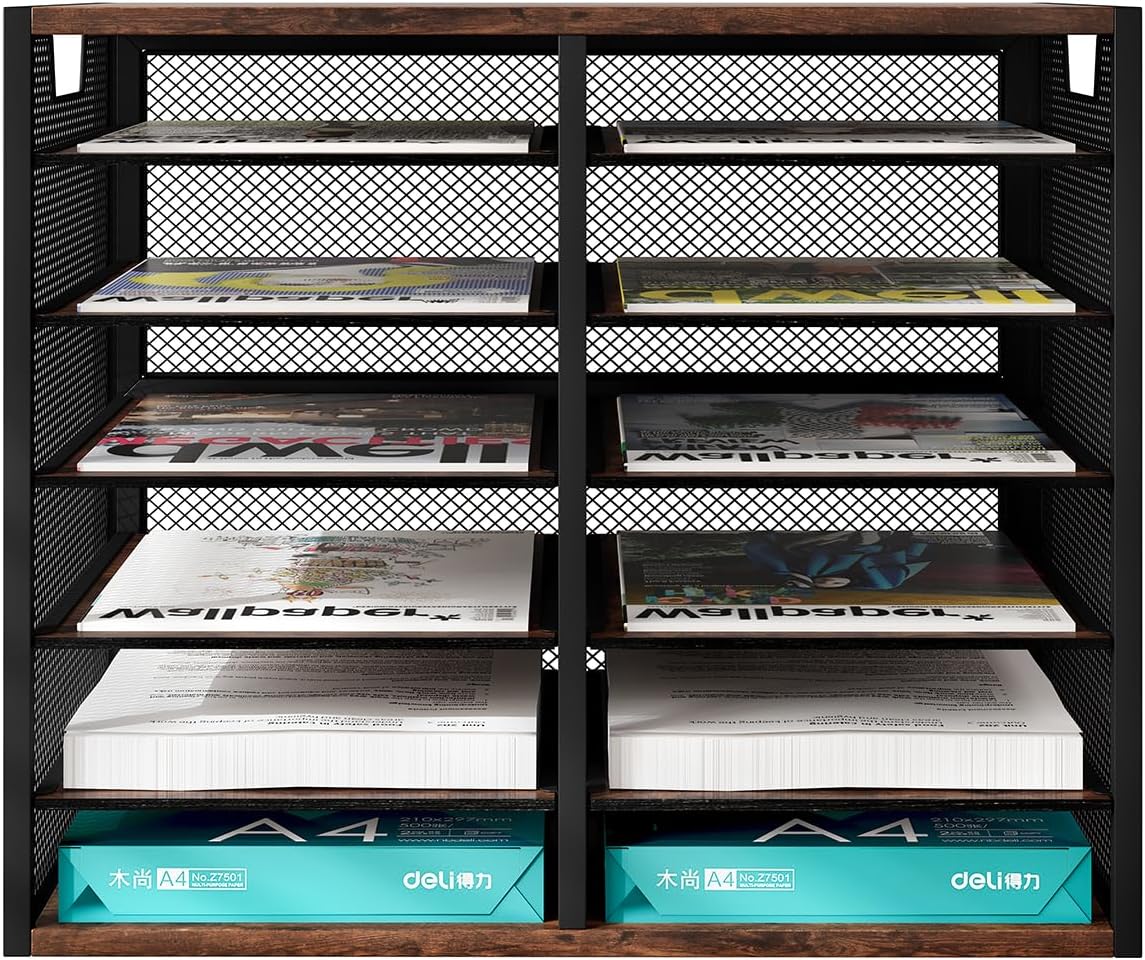 PAG Mass Mail Sorter - Adjustable Mail Holder, Countertop Literature Organizer, Student Mailbox for Classroom, Desktop Bill Paper Organizer for Office Home School, 12 Compartments, Brown